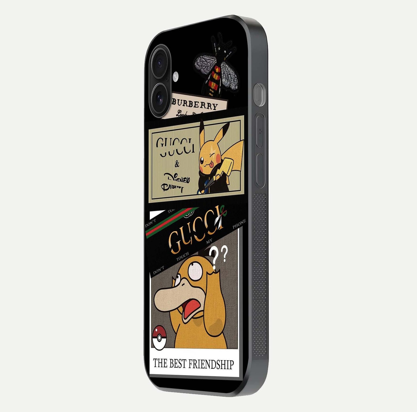 Cartoon Brand Play Mashup Glass Case for iPhone 16 Plus side-angle image showing reflection brightness and fun graphic mix