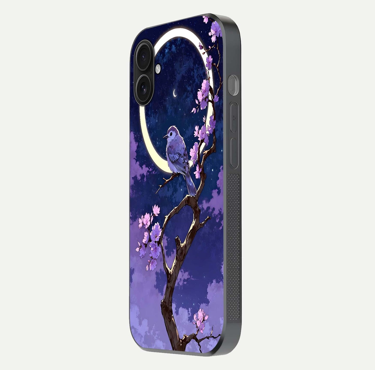 Celestial Bird Blossom Glass Case for iPhone 16 Plus side-angle image showing detailed wings and glossy polish