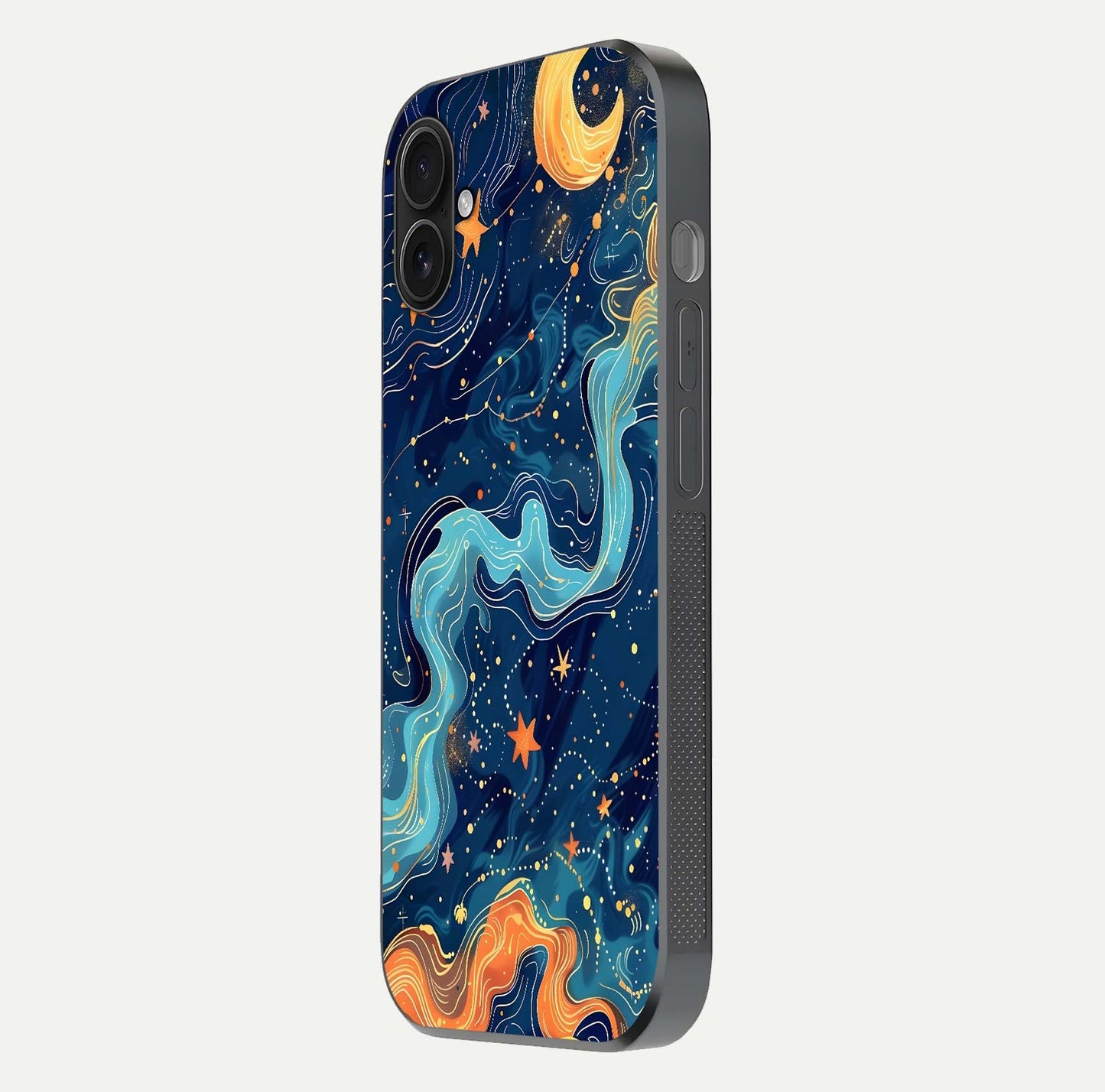 Celestial Dream Flow Glass Case for iPhone 16 Plus side-angle image capturing color swirl and glass reflection