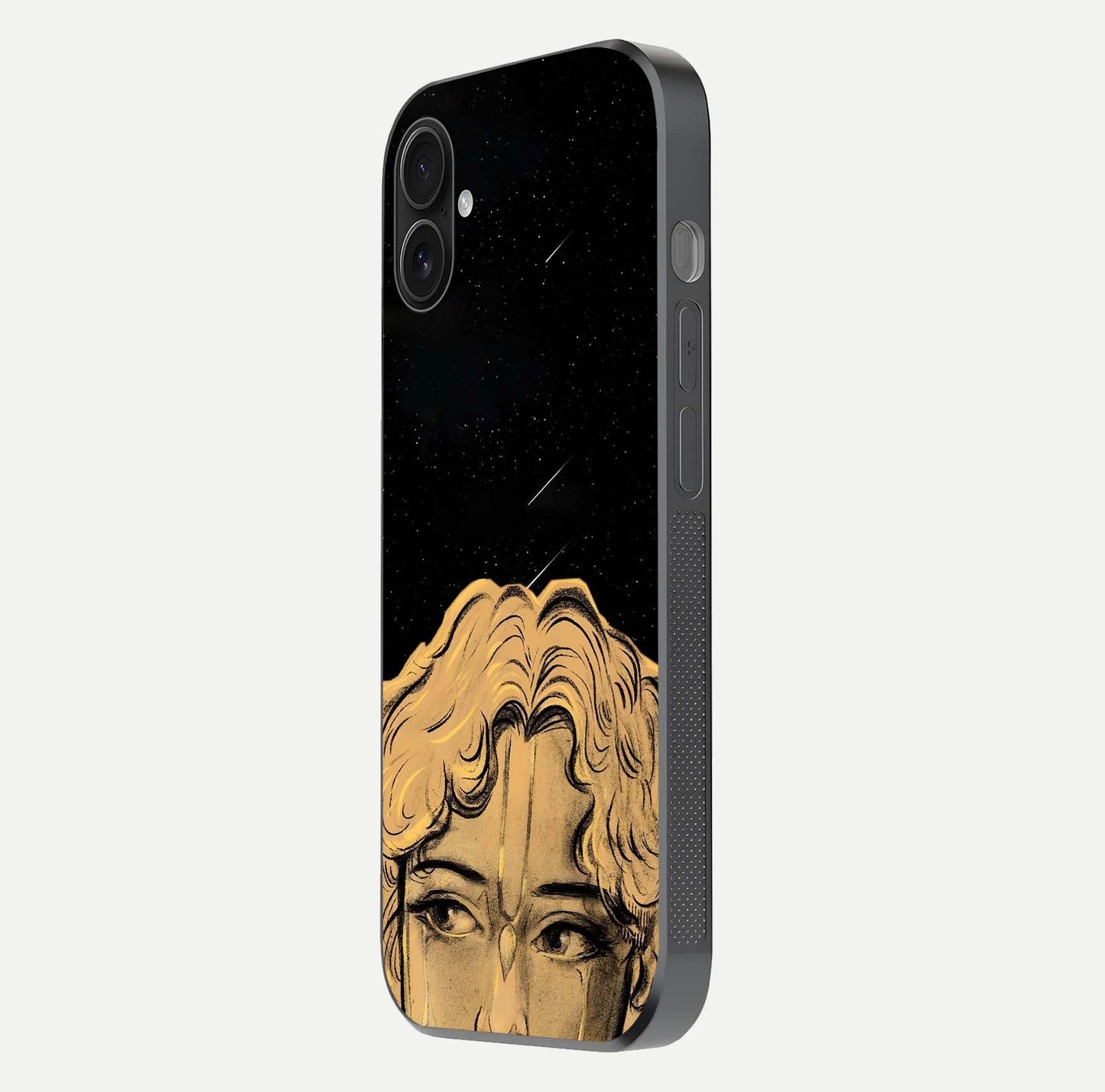 Celestial God’s Plan Glass Case for iPhone 16 Plus side-angle image showing gloss, camera frame, and cosmic tones