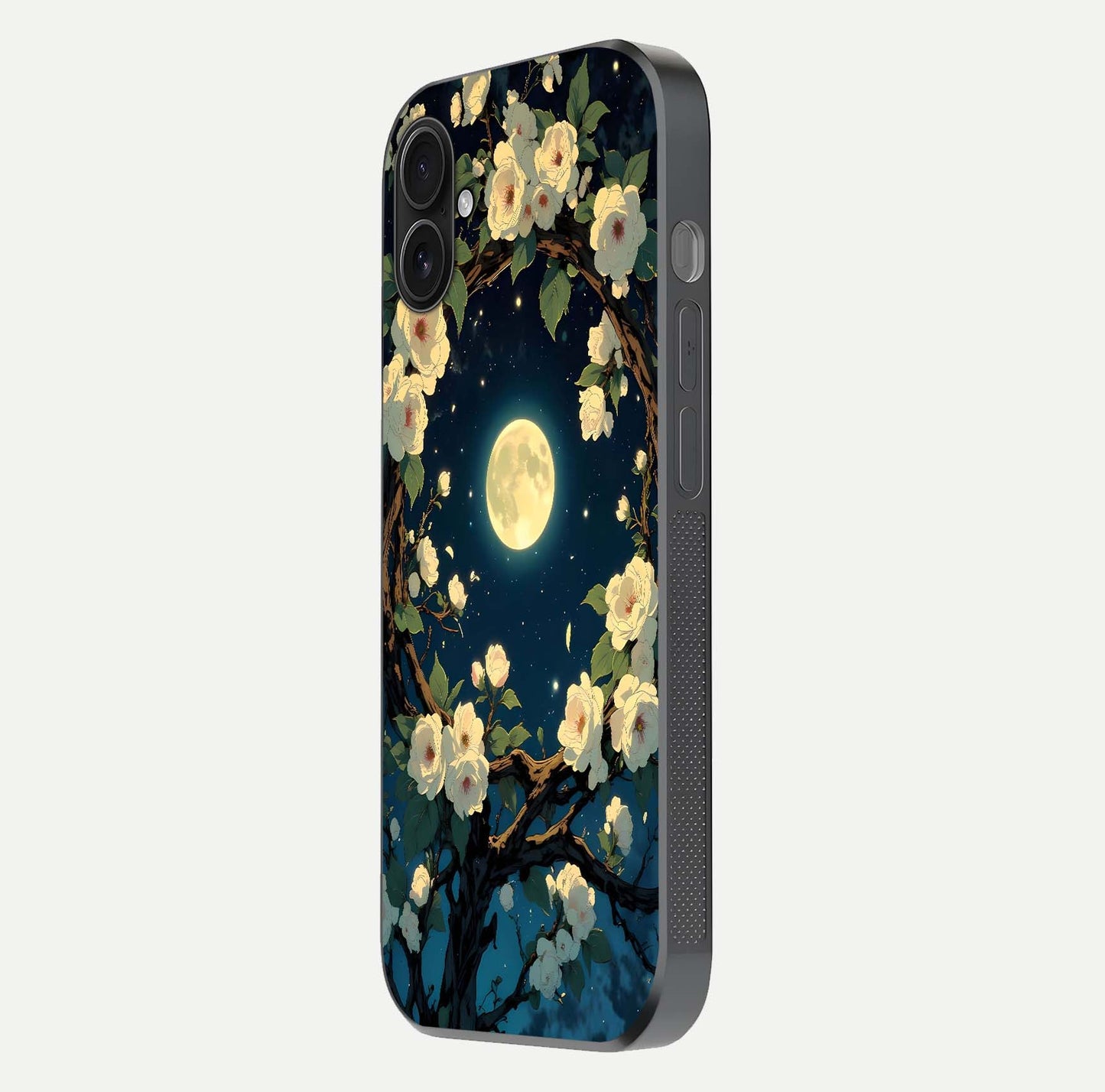 Celestial Moon & Flower Glass Case for iPhone 16 Plus side-angle image showing edge smoothness and glow reflection