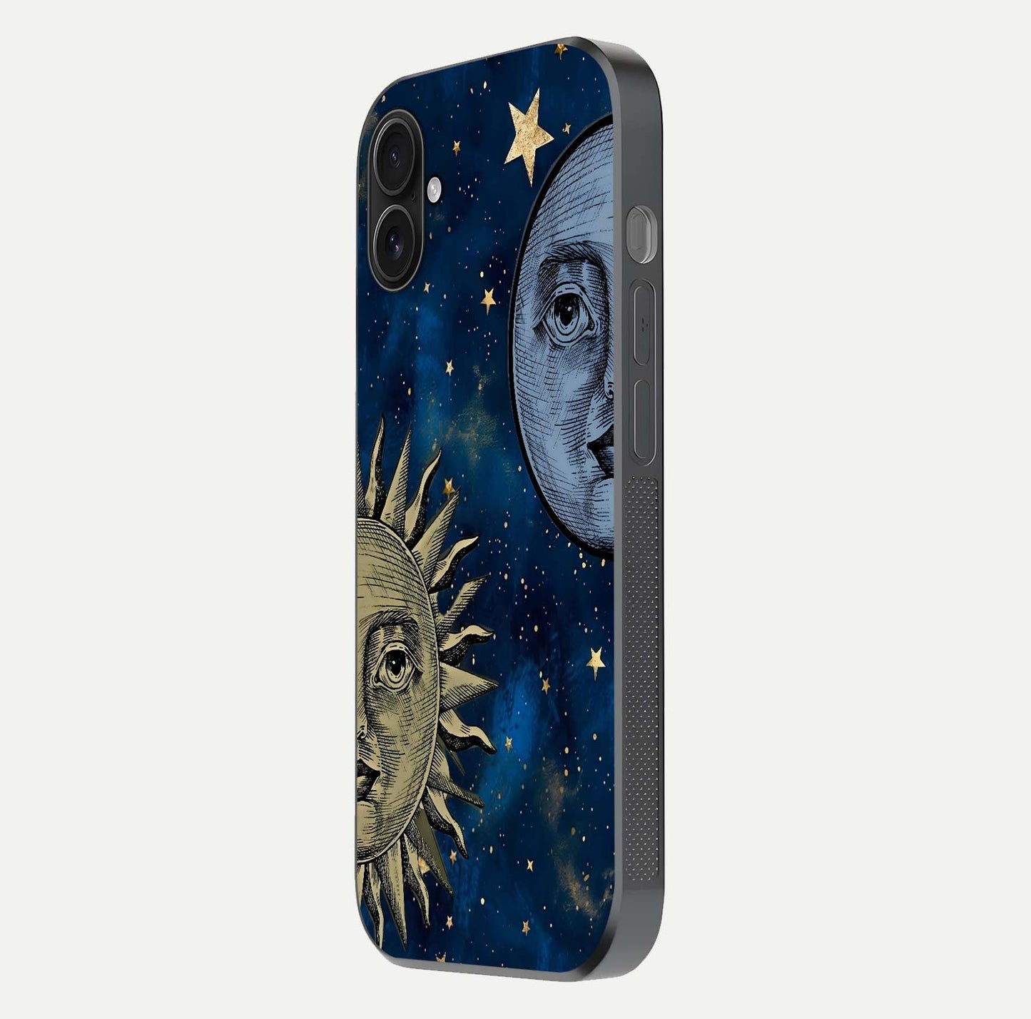 Celestial Moon With Sun Glass Case for iPhone 16 Plus side-angle image showing reflection tones and cosmic edge