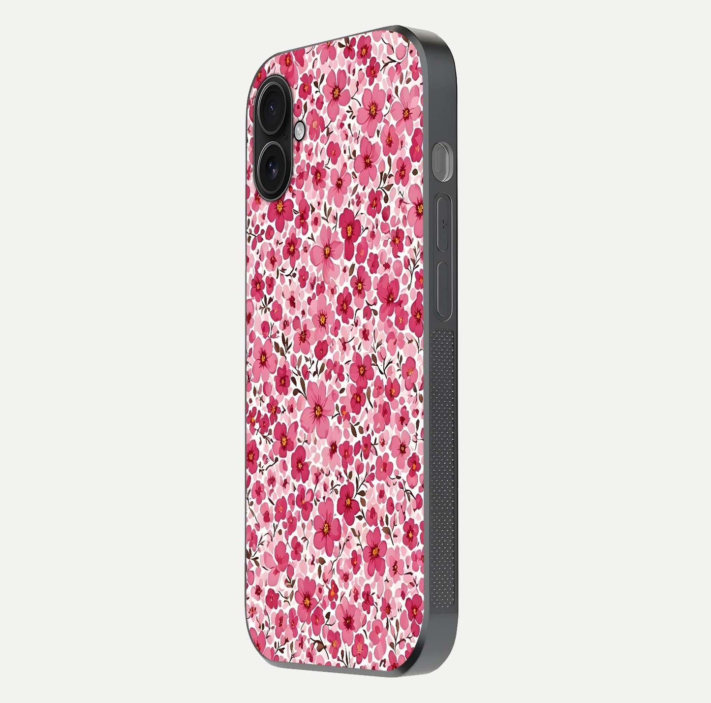 Cherry Blossom Charm Glass Case for iPhone 16 Plus side-angle image showing reflection gloss and soft texture