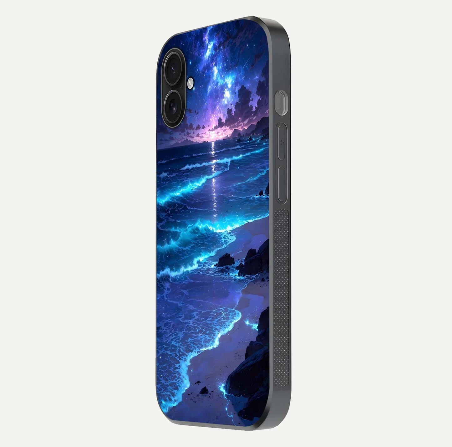 Classic Damn Look Glass Case for iPhone 16 Plus side-angle photo showing shine texture and curve reflection