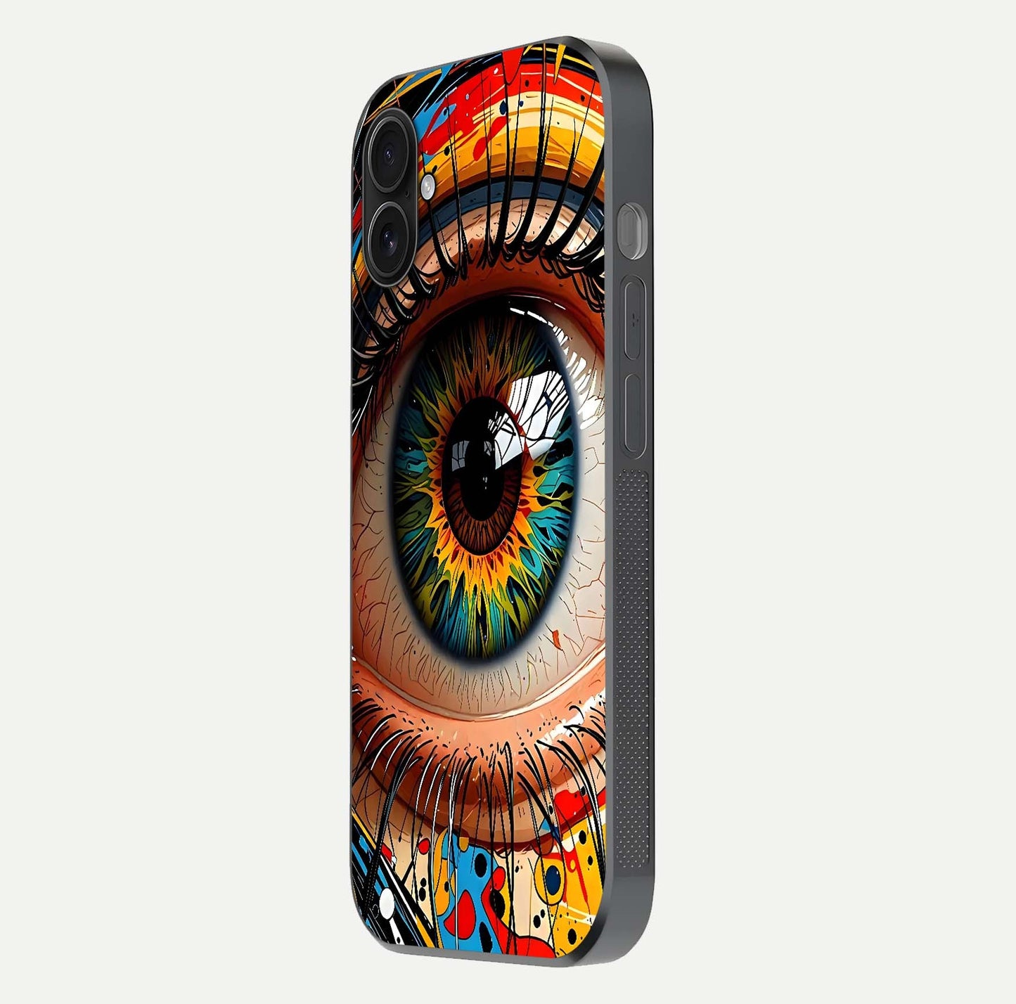 Colorful Eye Glass Case for iPhone 16 Plus side-angle photo showing reflective surface and design detail