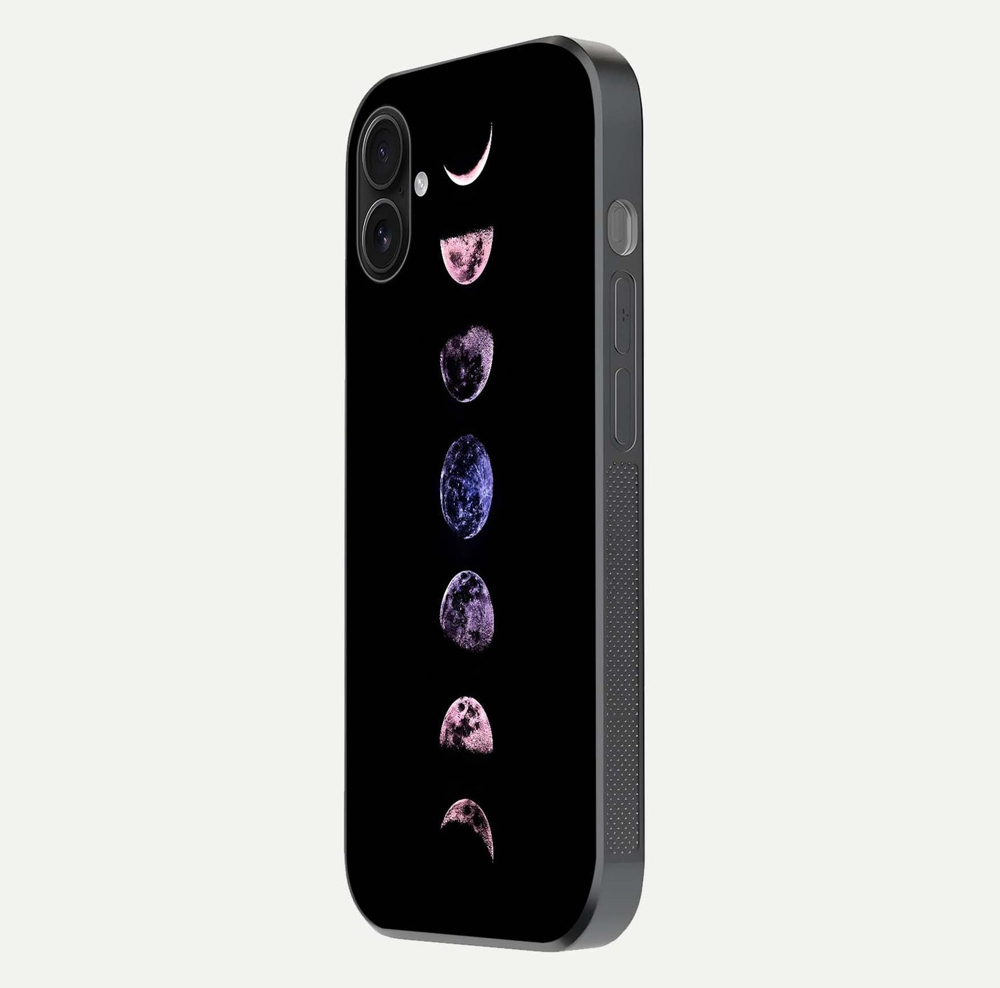 Crimson All Planets Glass Case for iPhone 16 Plus side-angle photo capturing edge glow and glass reflection