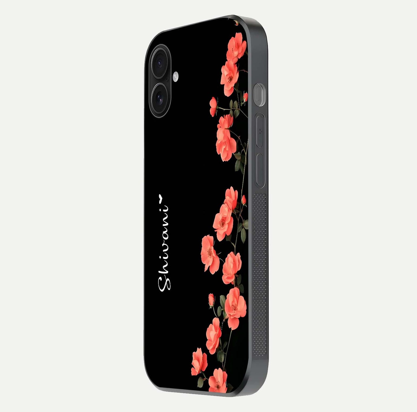 Crimson Bloom Grace Custom Name Glass Case for iPhone 16 Plus side-angle photo capturing edge glow and name clarity