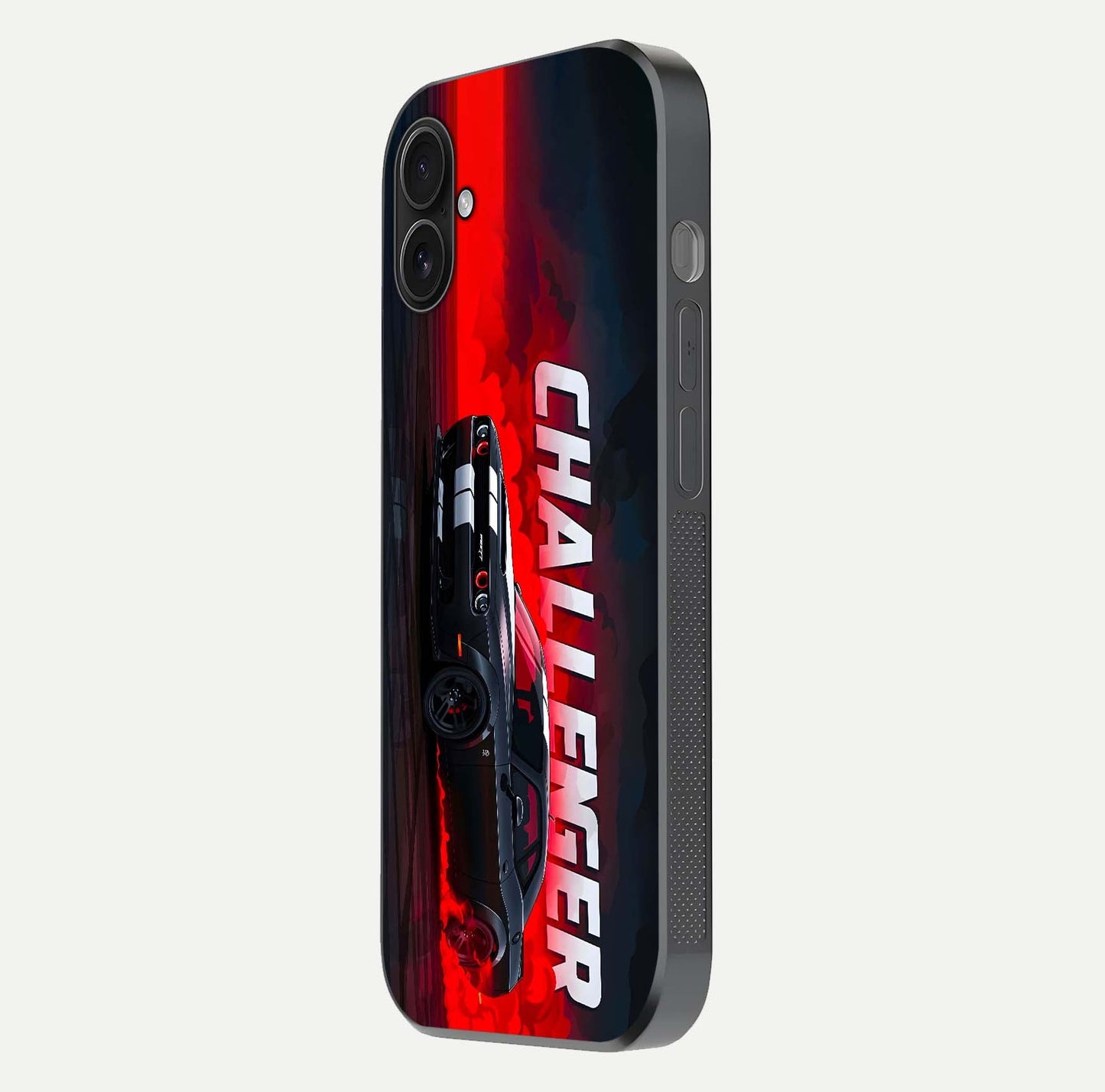 Crimson Challenger Fury Glass Case for iPhone 16 Plus side-angle image showing curve reflection and red finish