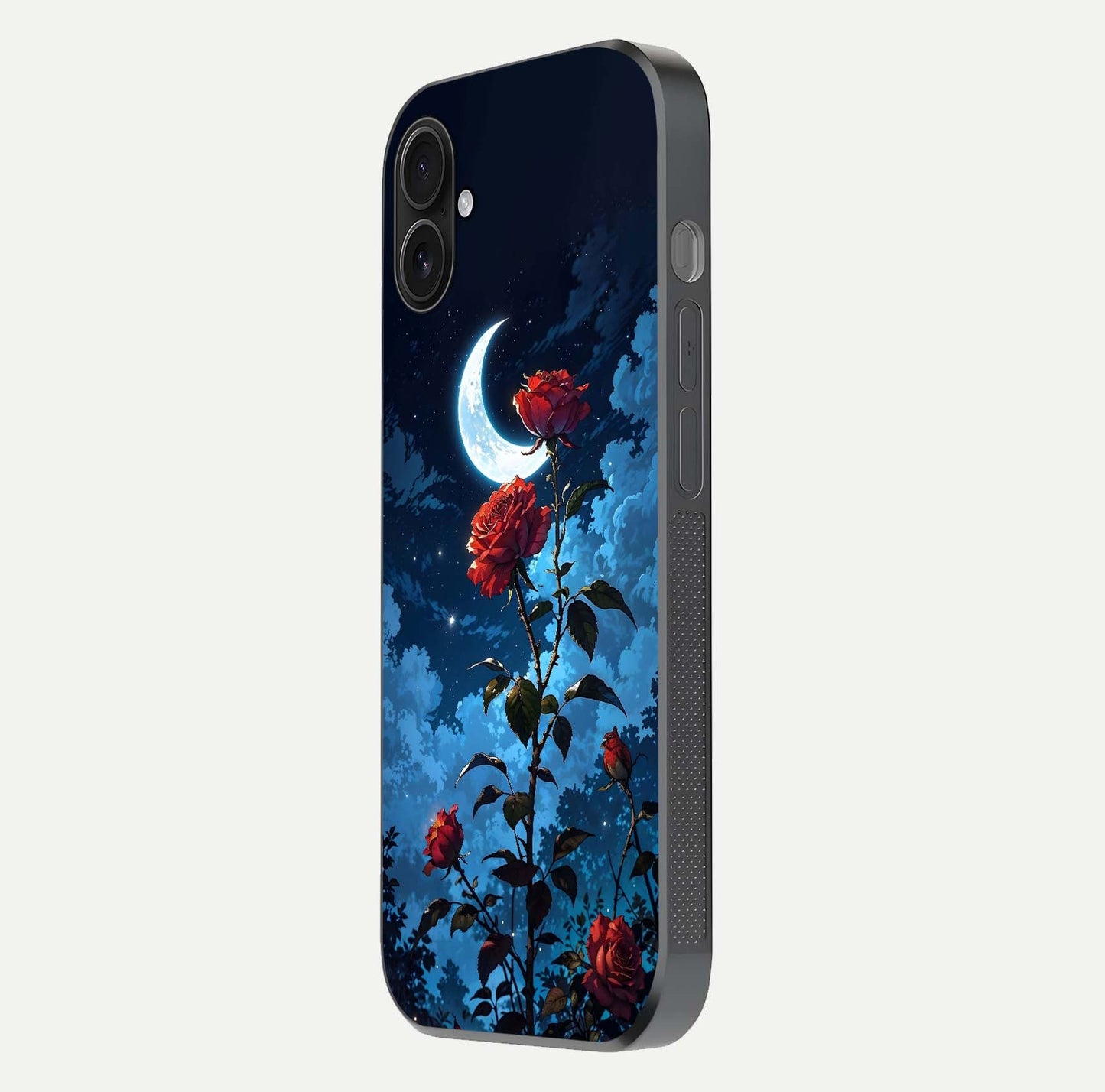Crimson Rose Moon Glass Case for iPhone 16 Plus side-angle photo showing reflective texture and smooth curve