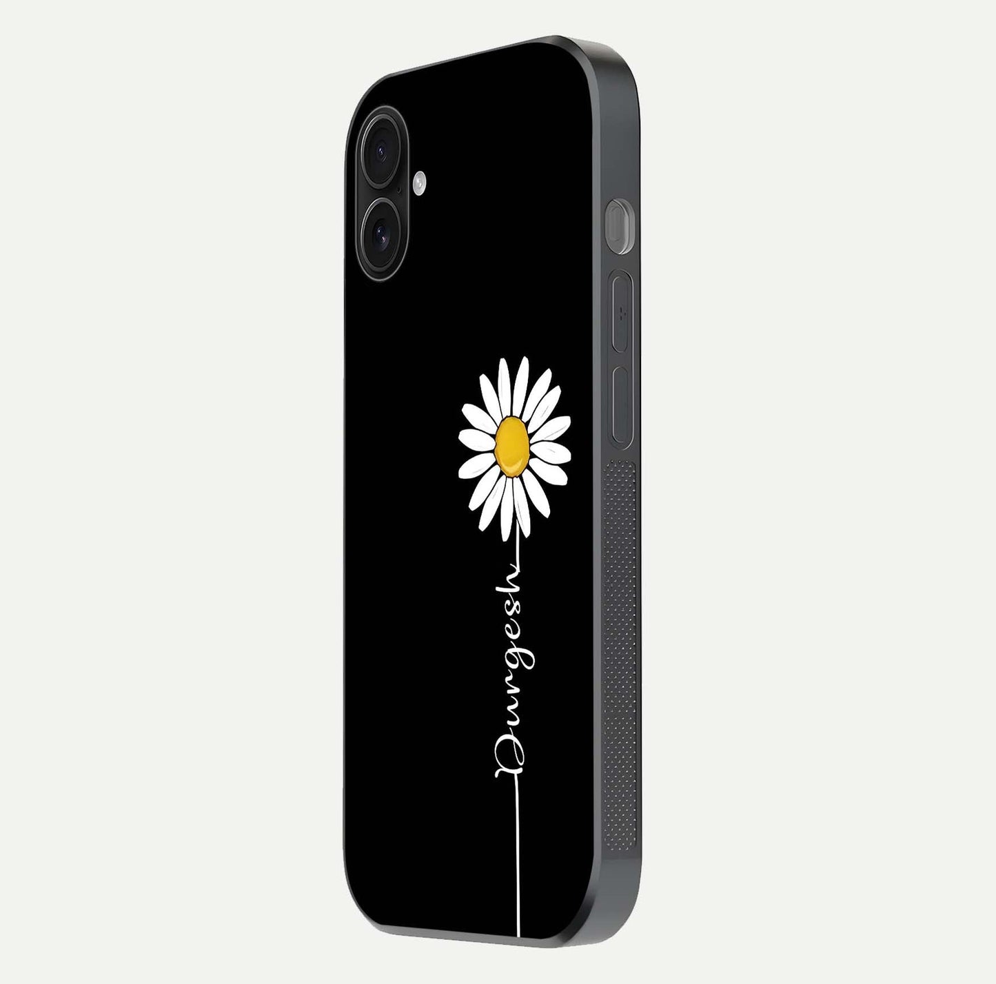 Custom Name White Flower Glass Case for iPhone 16 Plus side-angle photo showing reflection shine and name clarity