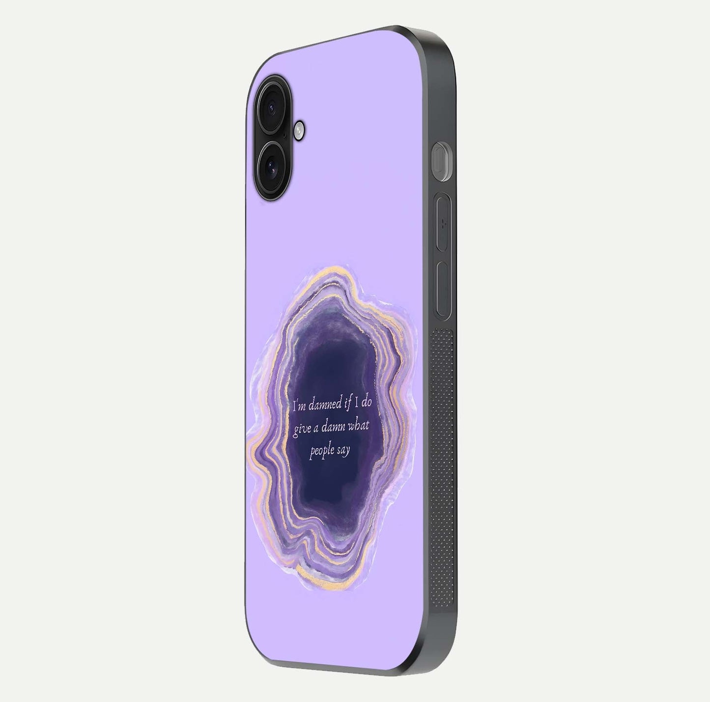 Damned People Quote Glass Case for iPhone 16 Plus side-angle image showing light shine and smooth edges