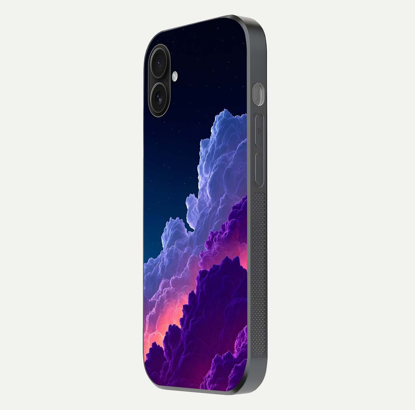 Dreamy Cloud Skies Glass Case for iPhone 16 Plus side-angle image showing reflection clarity and polish