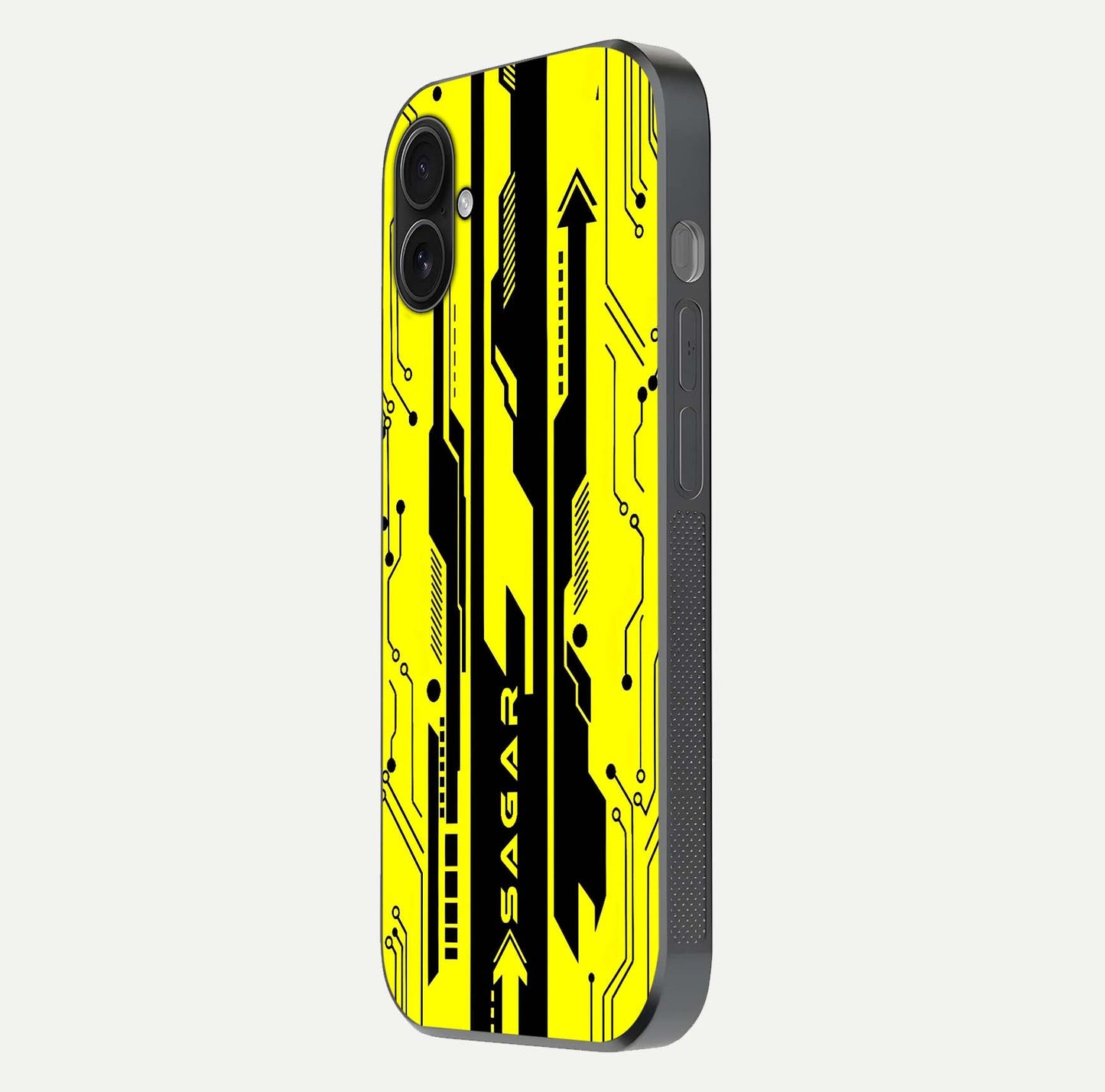 Electric Pulse CYBERPUNK Custom Name Glass Case for iPhone 16 Plus side-angle image showing glossy reflection and edge illumination