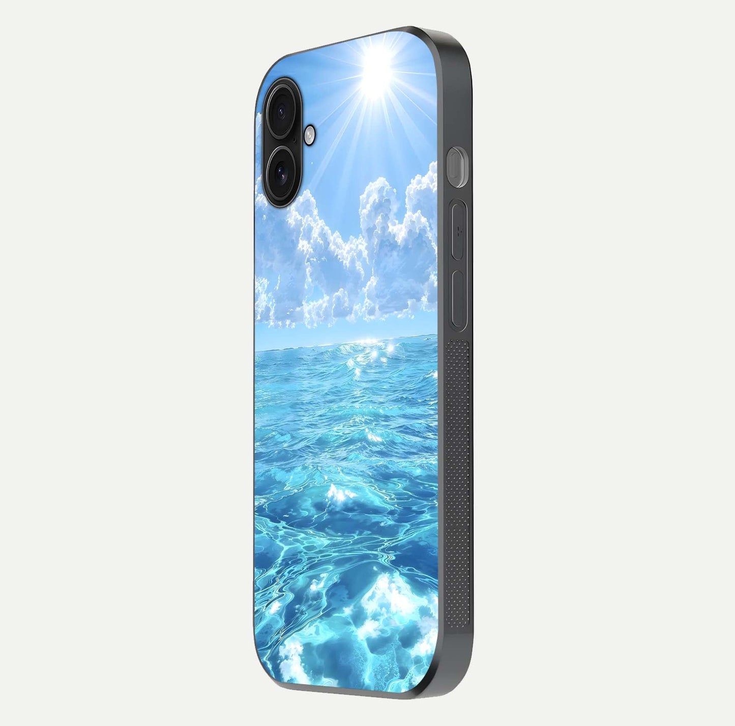 Endless Ocean Horizon Glass Case for iPhone 16 Plus side-angle photo showing reflection glow and wave tone