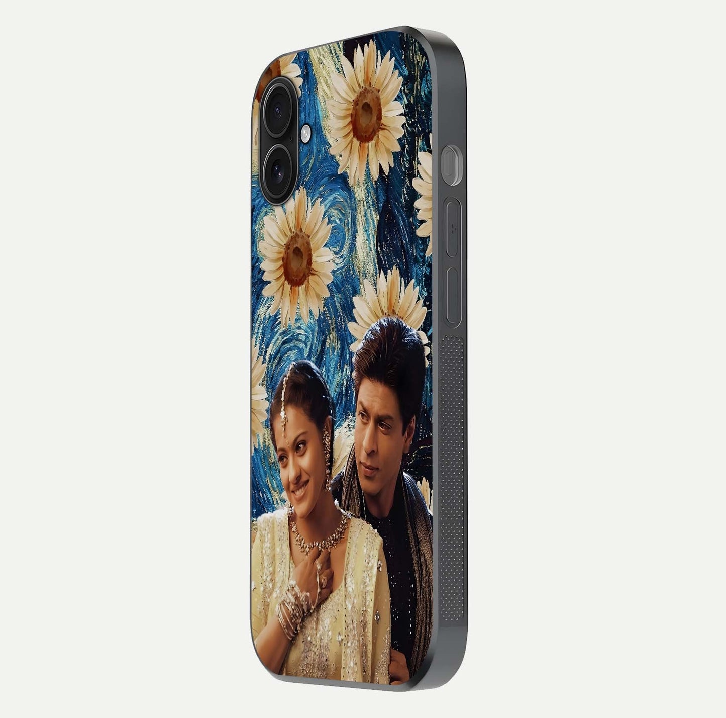 Eternal Love Story Glass Case for iPhone 16 Plus side-angle photo showing curved edges and polished surface