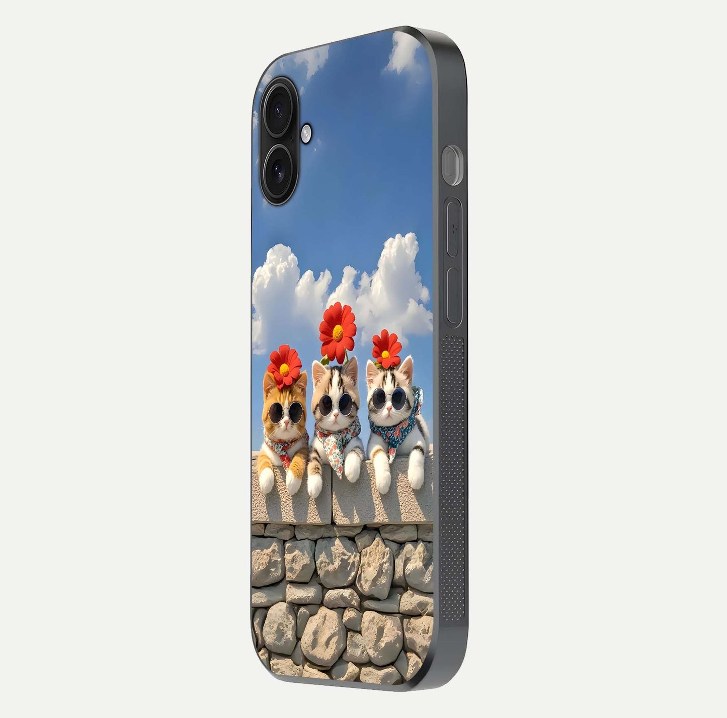 Floral Kitty Squad Glass Case for iPhone 16 Plus side-angle photo showing reflection glow and polished surface