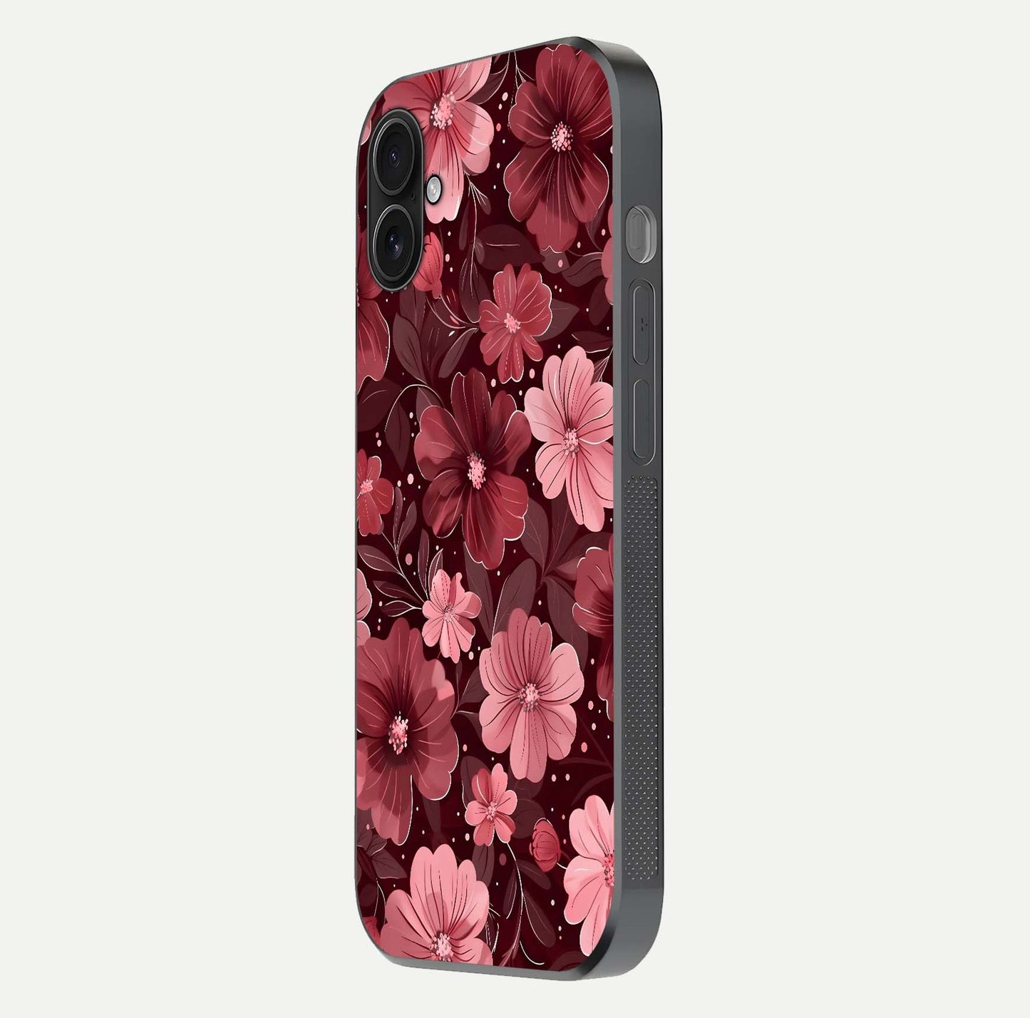 Flower Blush Bloom Glass Case for iPhone 16 Plus side-angle photo showing glass reflection and delicate hues