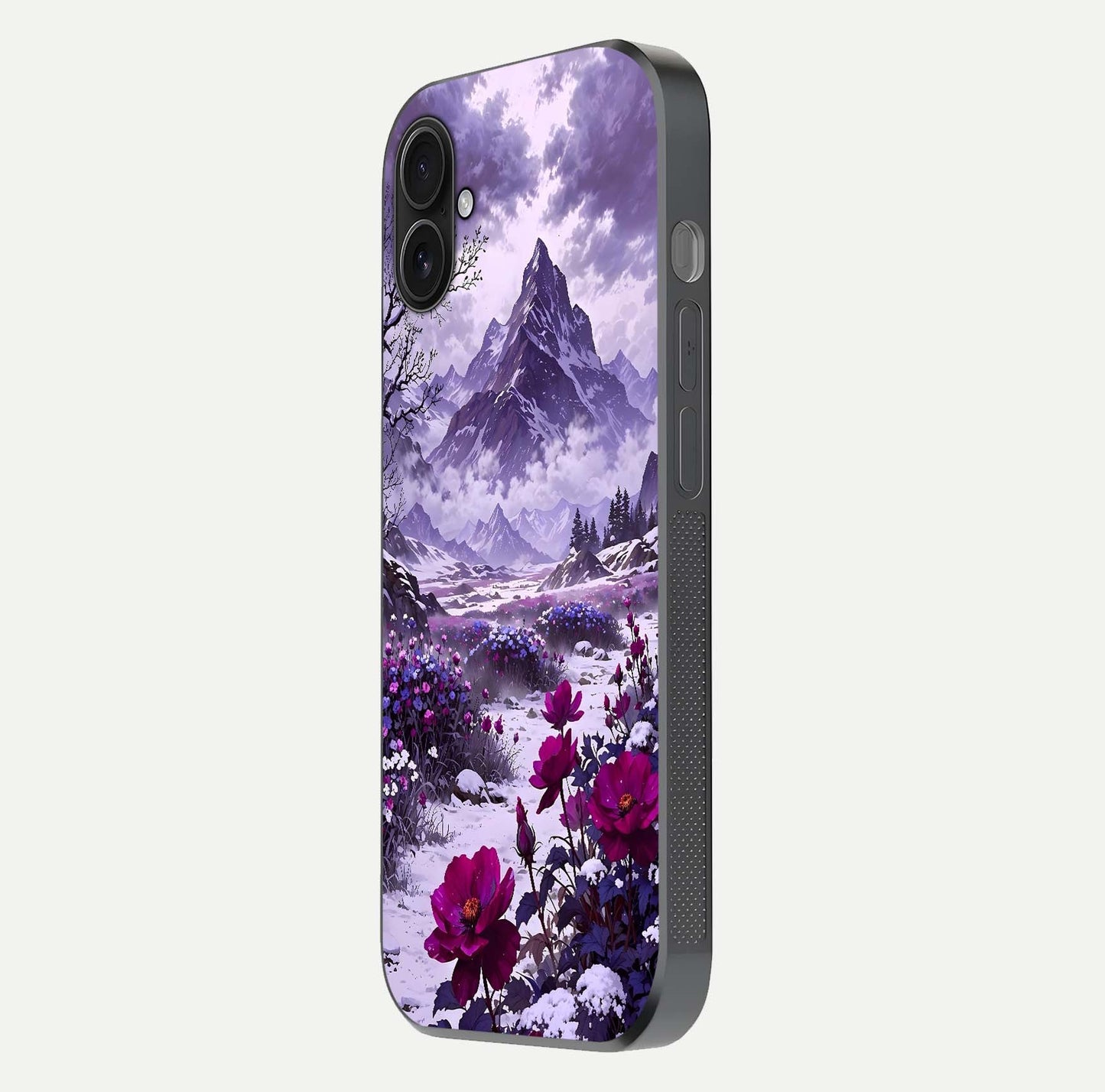 Flower Mountain View Glass Case for iPhone 16 Plus side-angle image showing gloss polish and smooth edge