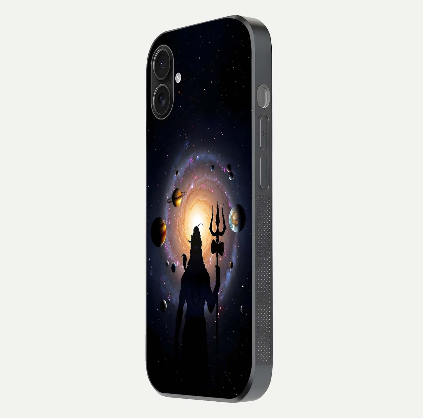 Galactic Shiva Vision Glass Case for iPhone 16 Plus side-angle image showing light reflection, glass edges, and spiritual cosmic theme