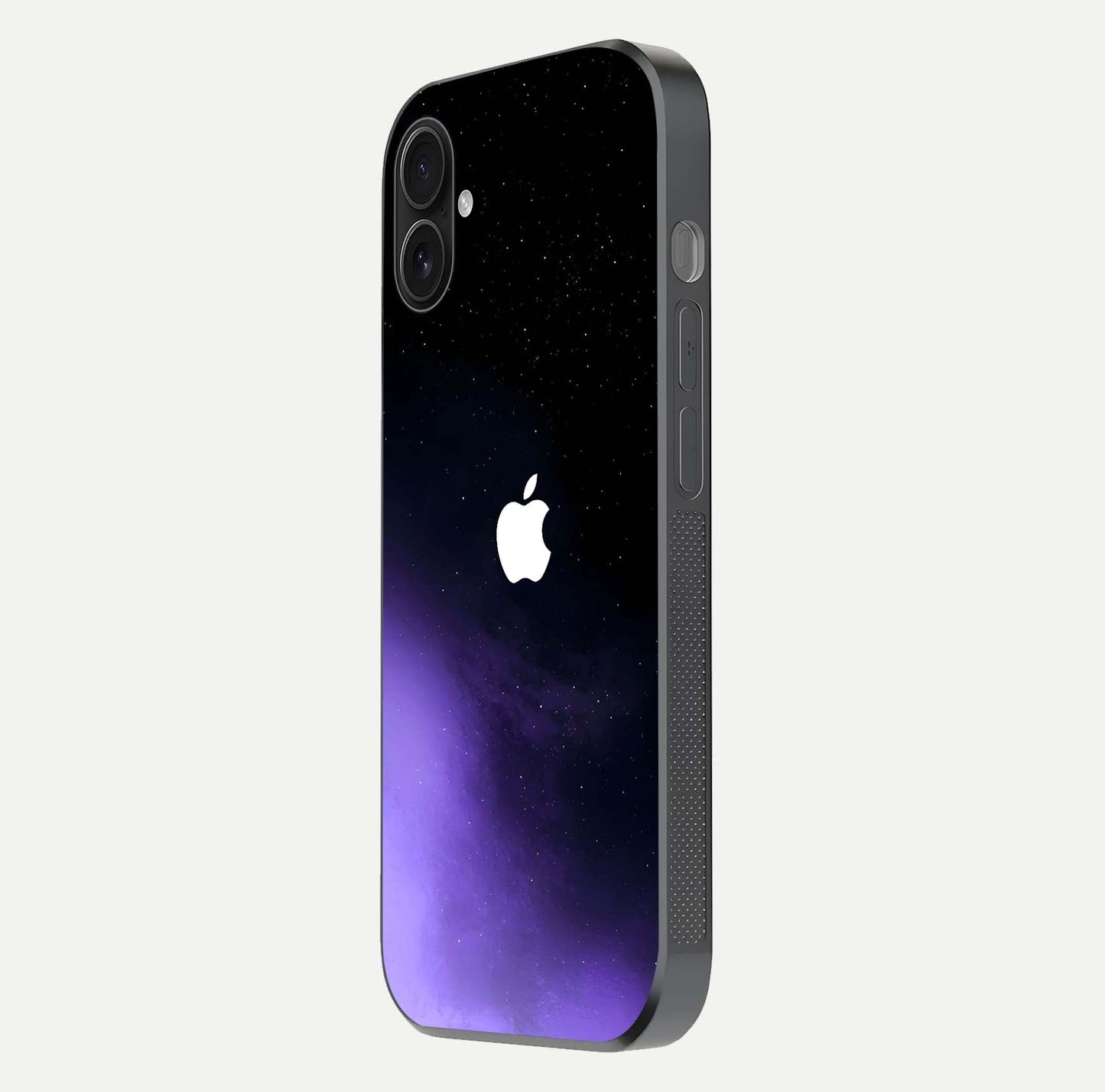 Galaxy Apple Aura Glass Case for iPhone 16 Plus side-angle image showing glossy surface and soft reflection hues