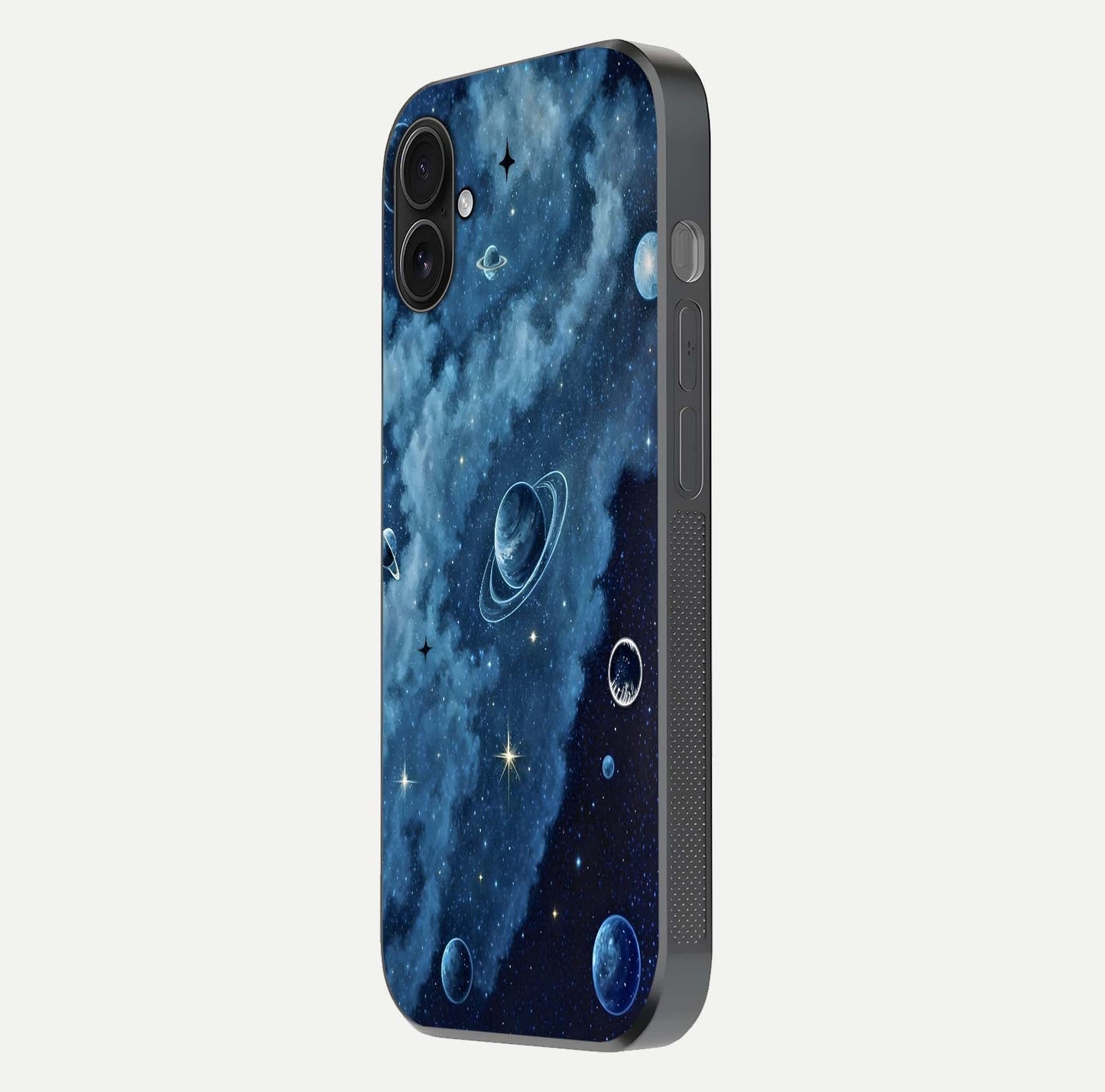 Galaxy Dream Space Glass Case for iPhone 16 Plus side-angle image capturing reflection clarity and galactic texture