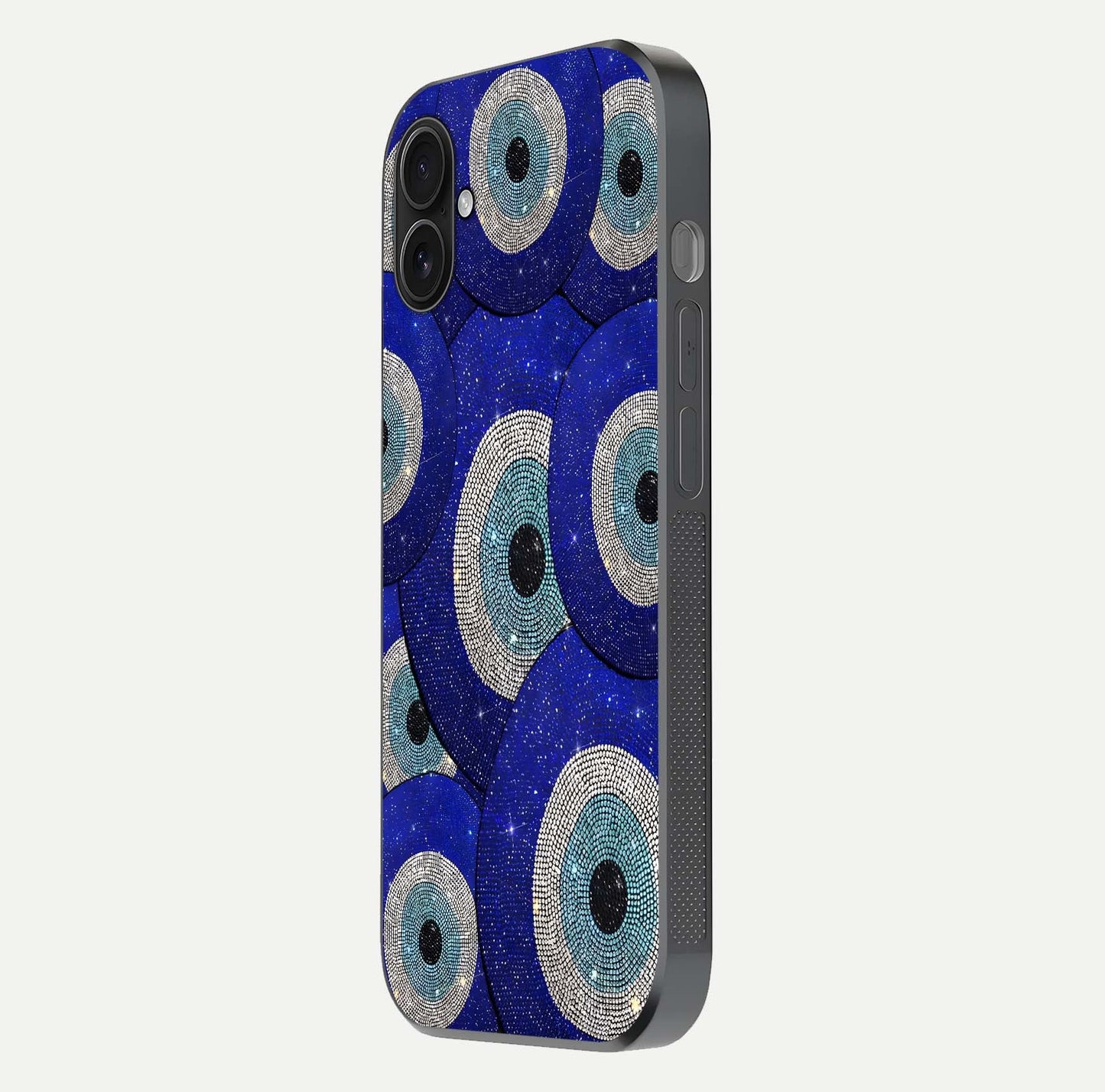 Galaxy Eye Flow Glass Case for iPhone 16 Plus side-angle image showing reflection detail and premium shine