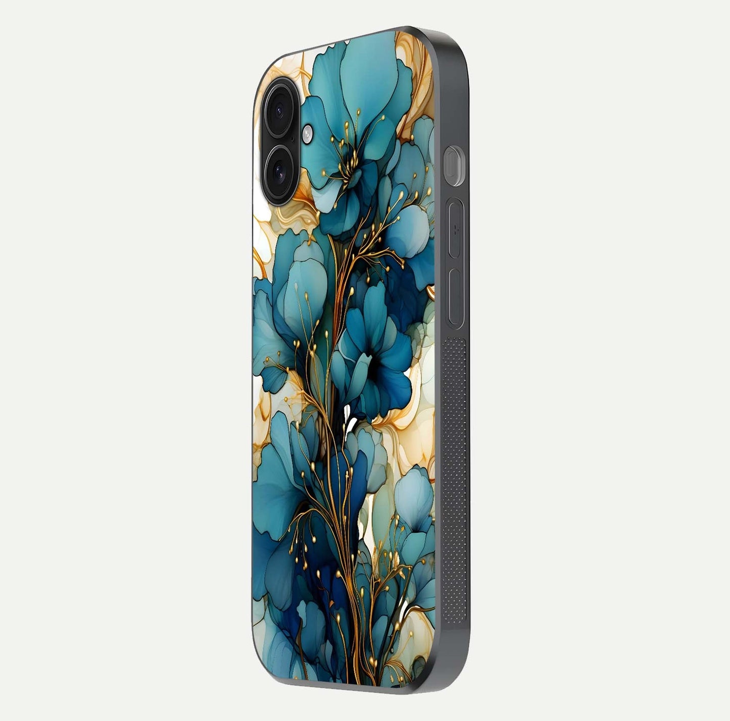Golden Bloom Symphony Glass Case for iPhone 16 Plus side-angle image showing golden glow, light reflection, and premium surface