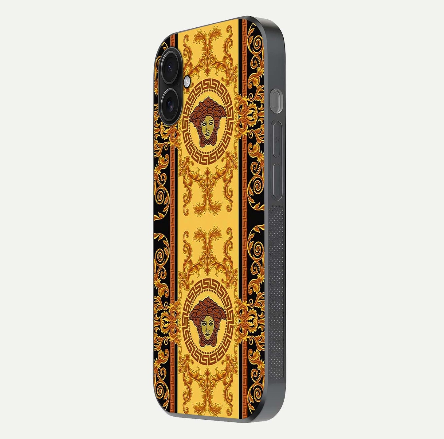 Golden Royal Heritage Glass Case for iPhone 16 Plus side-angle image showing reflection glow and luxury detailing