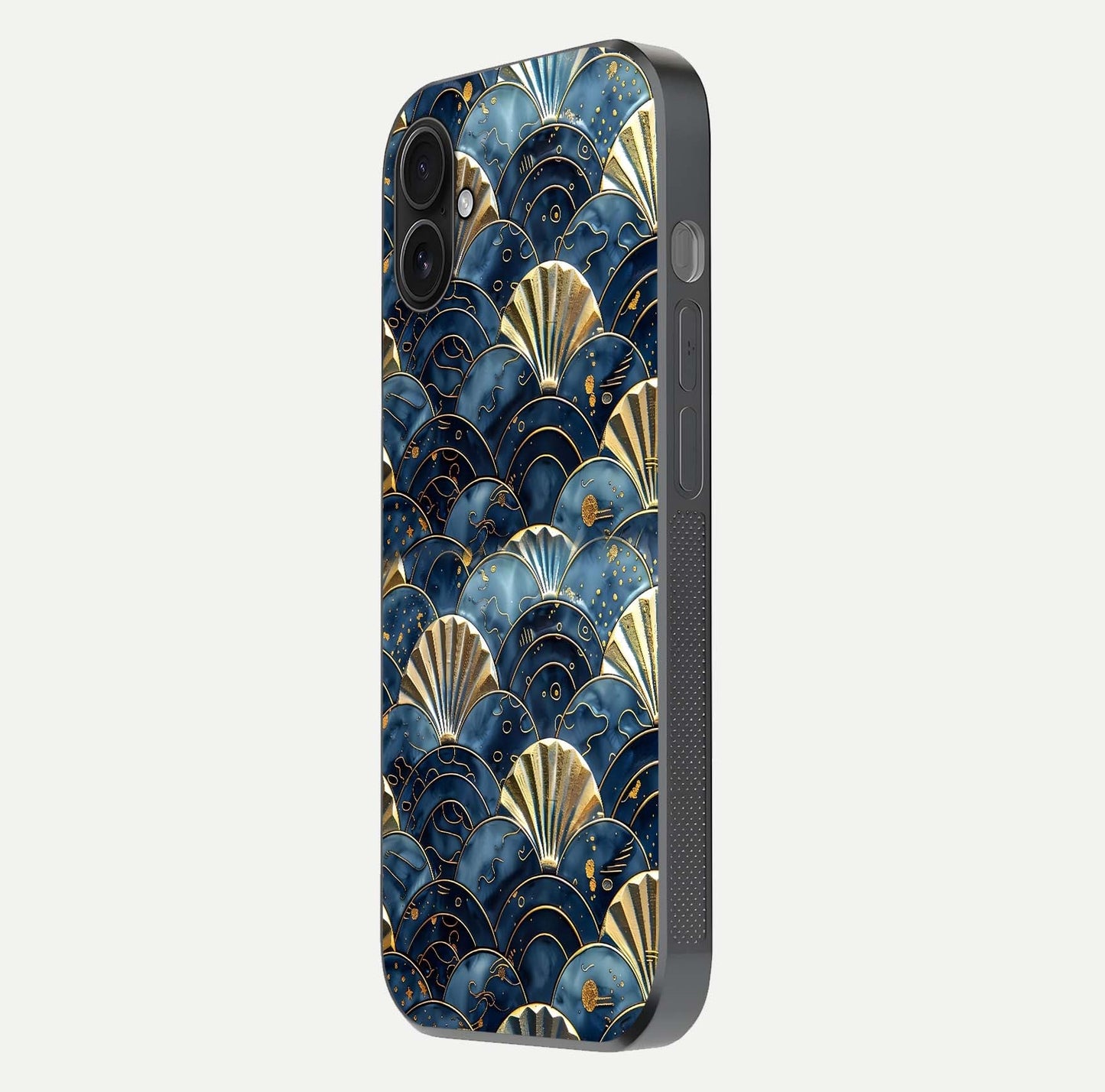 Golden Wave Luxe Glass Case for iPhone 16 Plus side-angle image showing reflection clarity and polished finish
