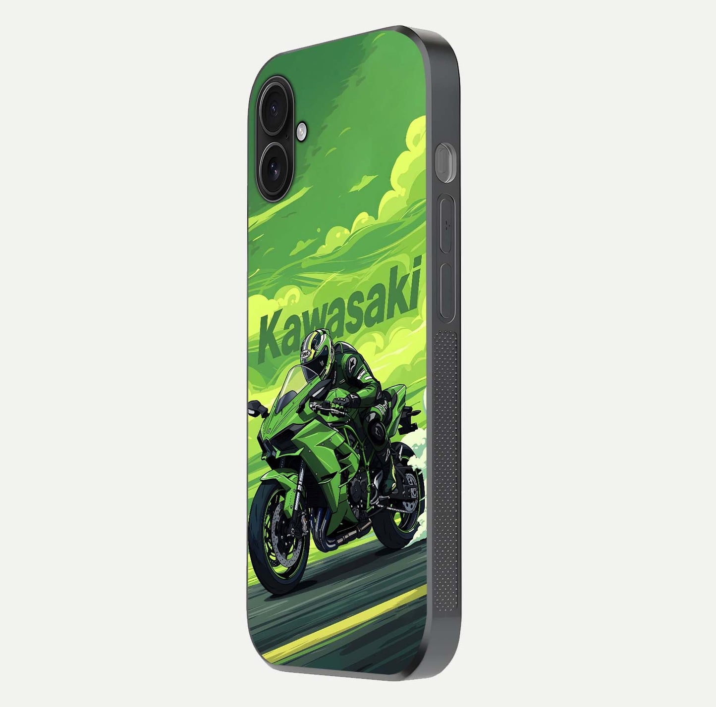 Green Kawasaki Glass Case for iPhone 16 Plus side-angle image showing reflection depth and metallic green accent
