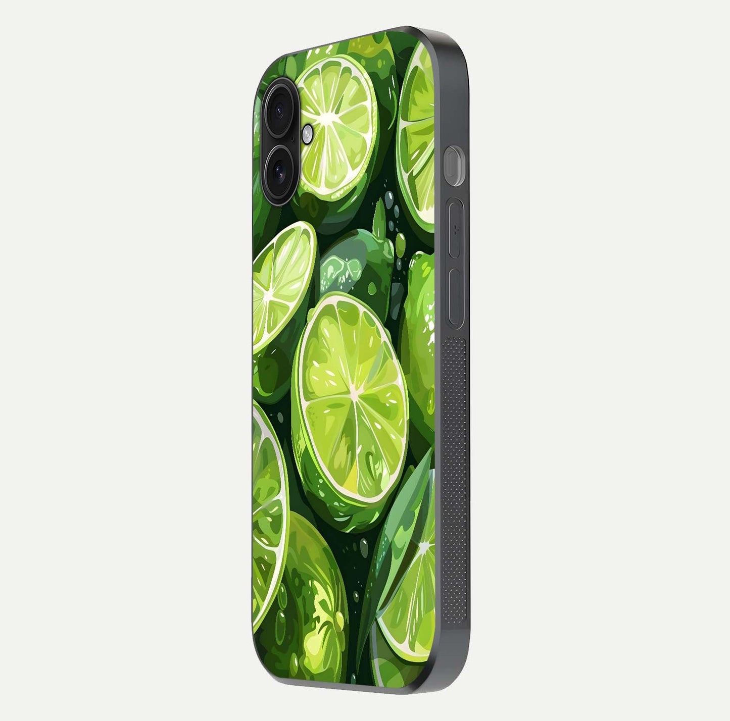 Green Lemon Glass Case for iPhone 16 Plus side-angle image showing reflection glow and juicy color tones