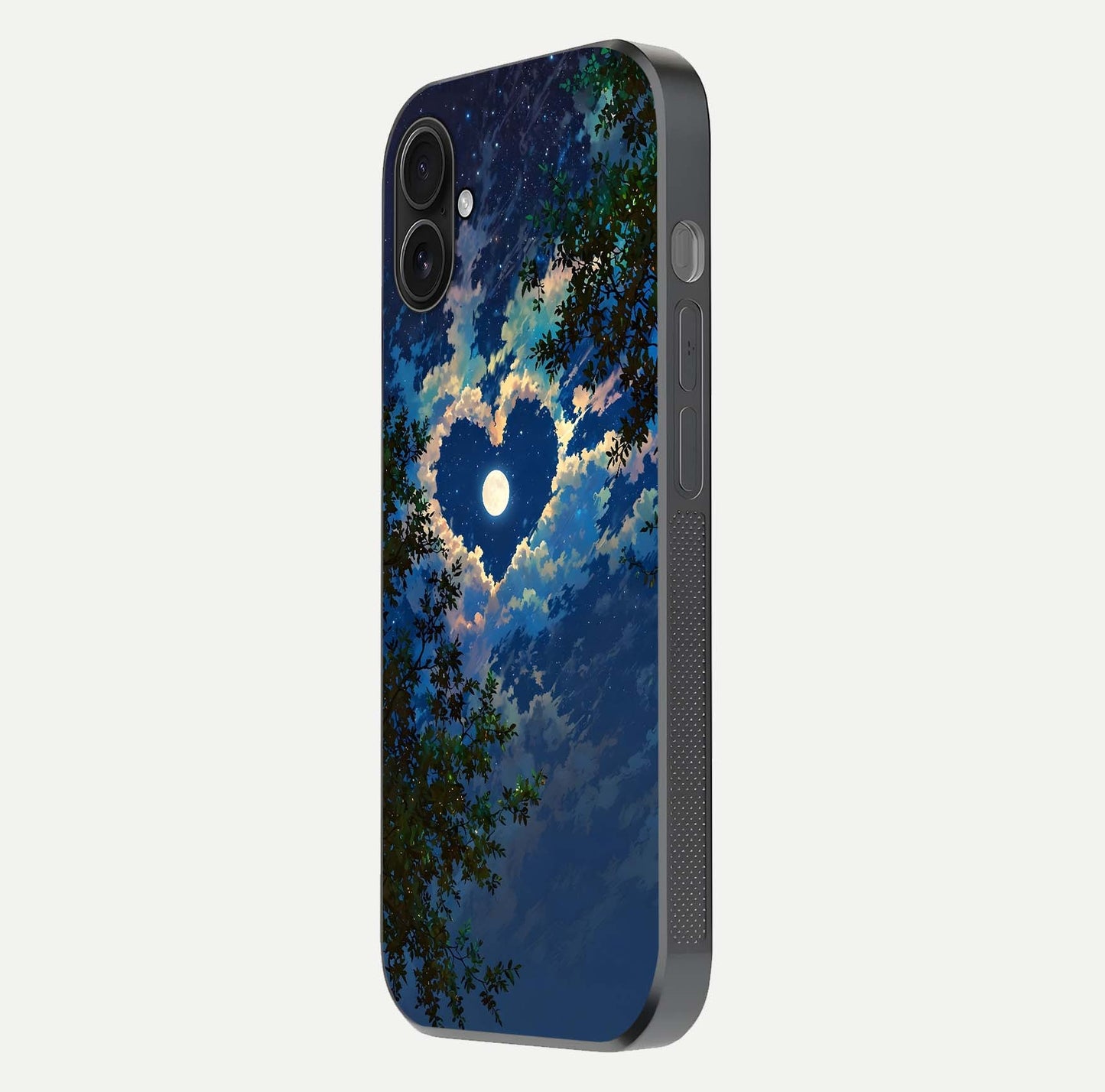 Heart with Moon Sky Glass Case for iPhone 16 Plus side-angle image showing reflection brightness and soft tone finish