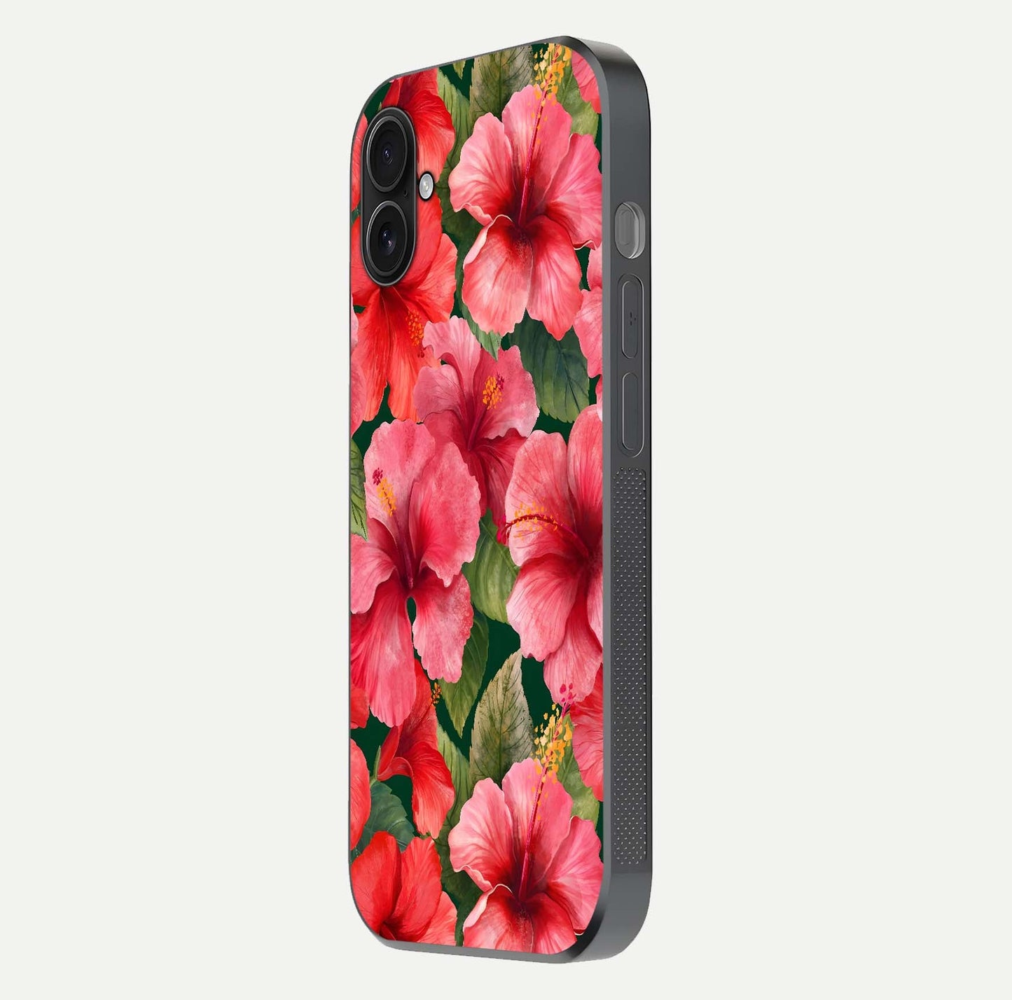 Hibiscus Pattern Glass Case for iPhone 16 Plus side-angle image showing reflection brightness and floral detailing