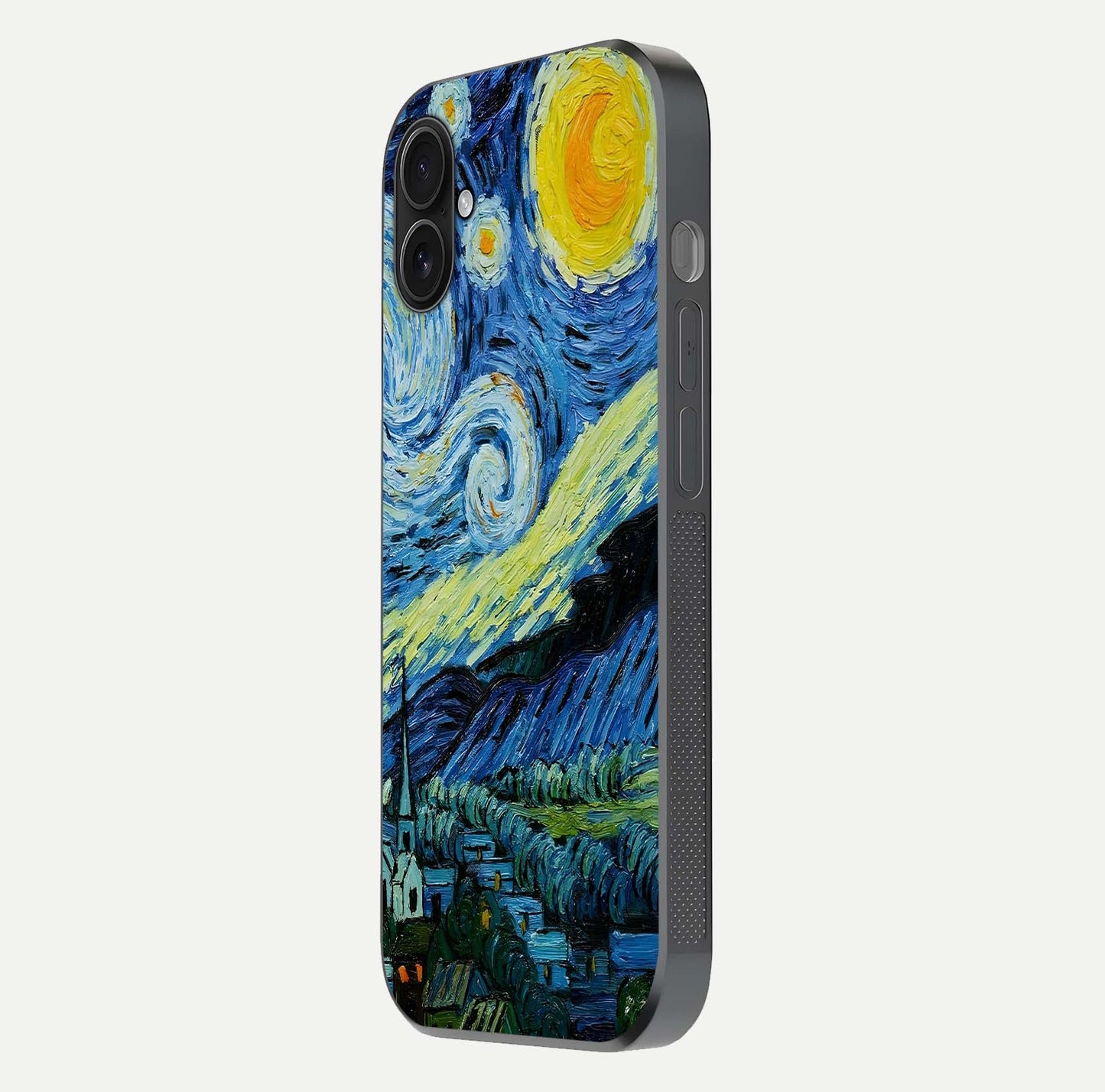 Inspired Van Gogh Art Glass Case for iPhone 16 Plus side-angle image showing reflection brilliance and painted surface look