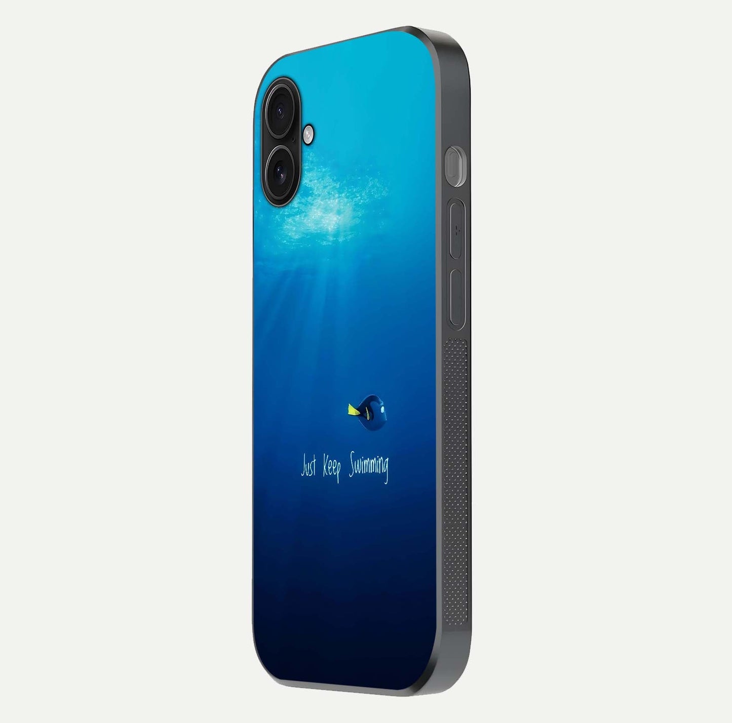 Just Keep Swimming Glass Case for iPhone 16 Plus side-angle image highlighting reflective surface and positive quote