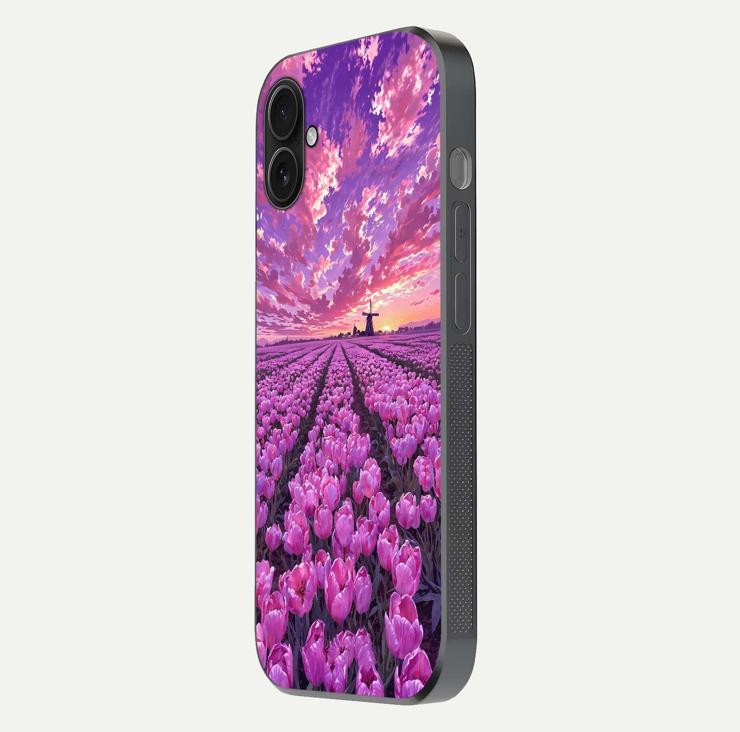Lavender Dream Skies Glass Case for iPhone 16 Plus side-angle image showing reflection depth and serene tones