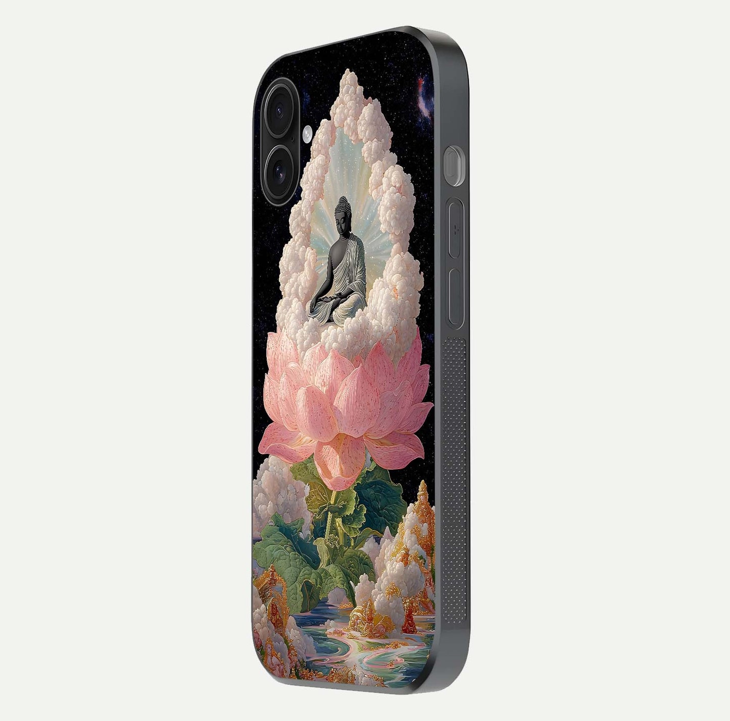 Lotus Divine Peace Glass Case for iPhone 16 Plus side-angle shot showing elegant shine and floral symmetry