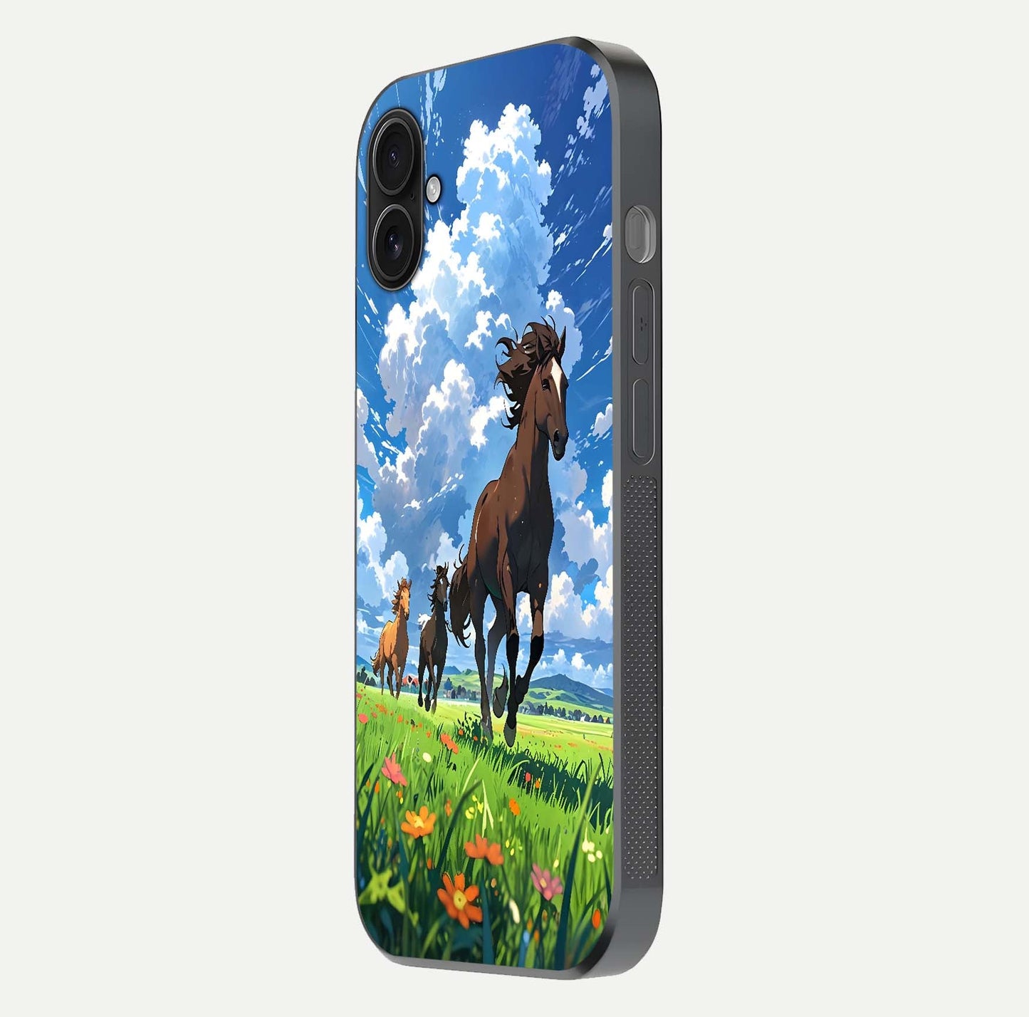 Majestic Horses Galloping Glass Case for iPhone 16 Plus side-angle shot emphasizing reflection and running artwork