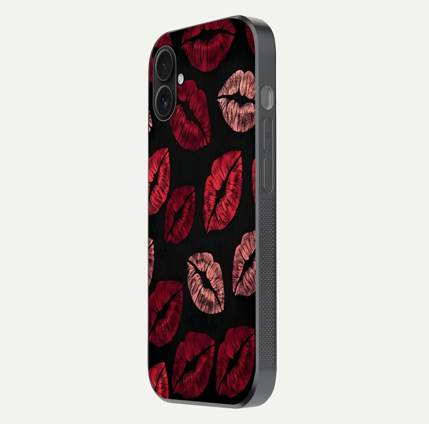 Midnight Kiss Love Glass Case for iPhone 16 Plus side-angle image revealing gloss texture and deep love motif