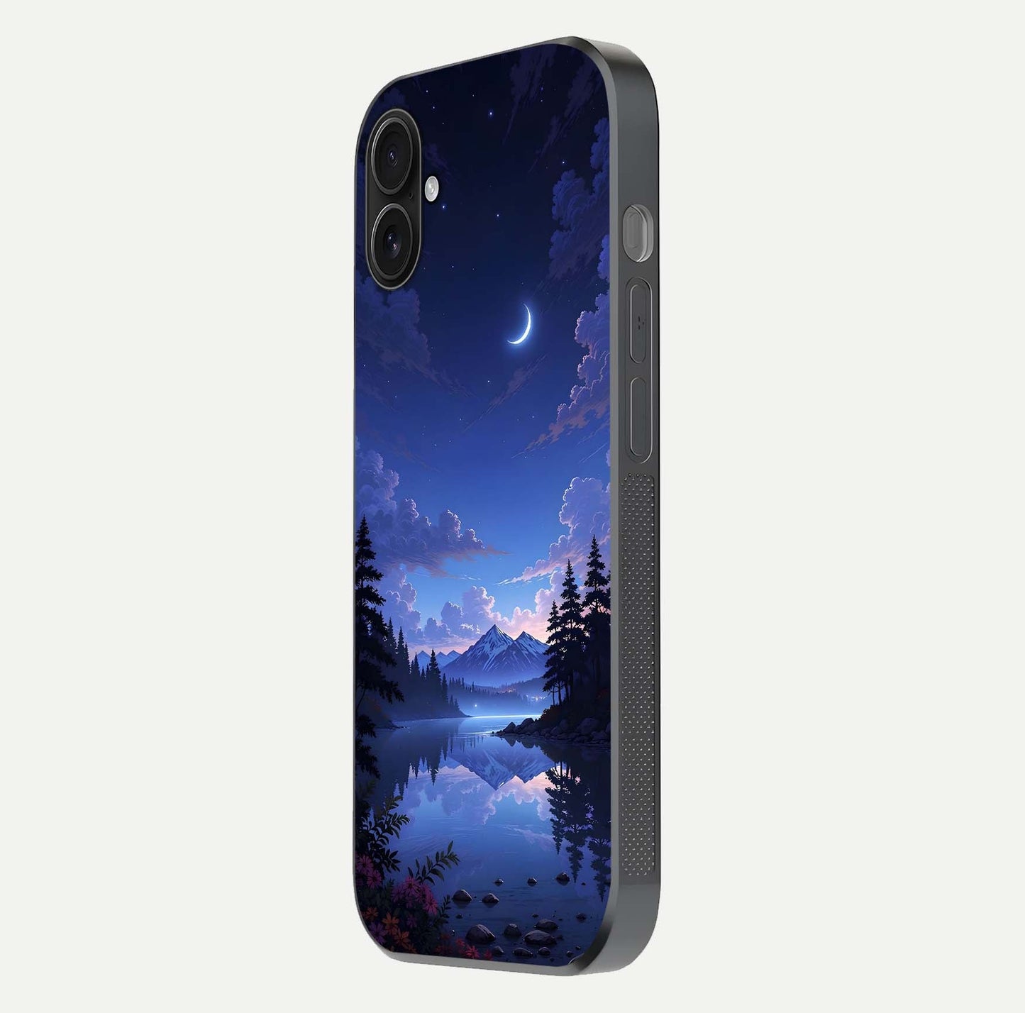 Midnight Lake Peace Glass Case for iPhone 16 Plus side-angle image showing HD shine and tranquil color tones