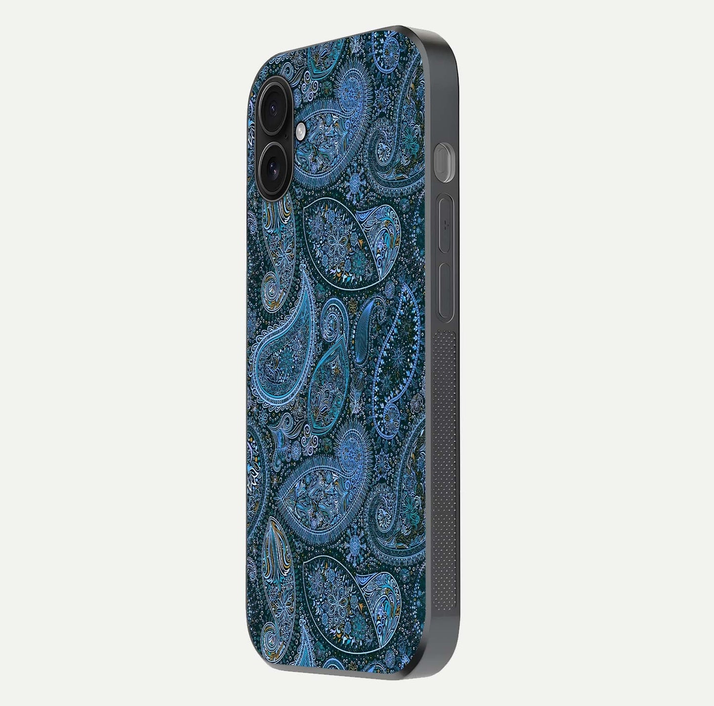 Midnight Paisley Glow Glass Case for iPhone 16 Plus side-angle image revealing reflective gloss and paisley art