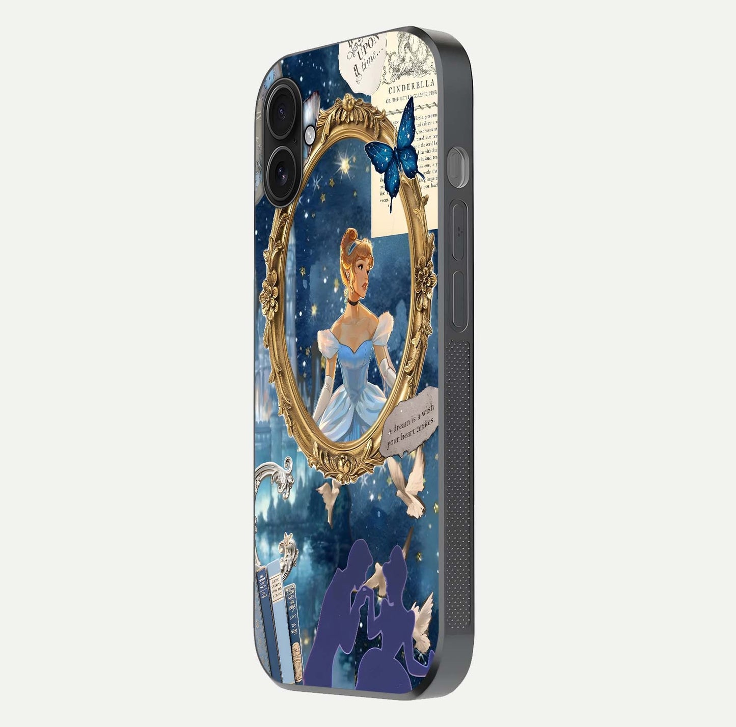 Midnight Queen Glass Case for iPhone 16 Plus side-angle image showing reflection brightness and elegant tone