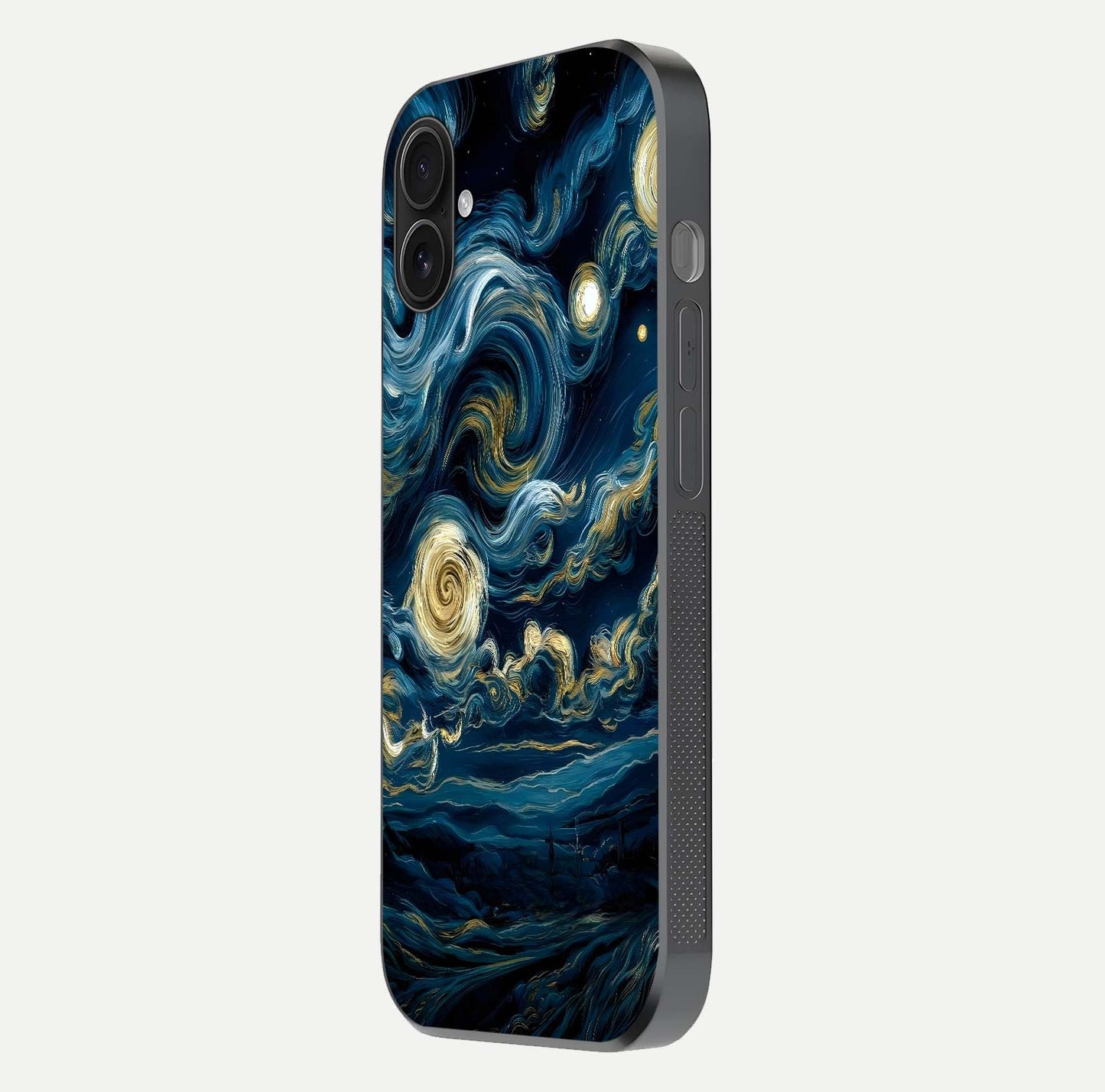 Midnight Sky Whirl Glass Case for iPhone 16 Plus side-angle image showing reflection depth and galaxy pattern