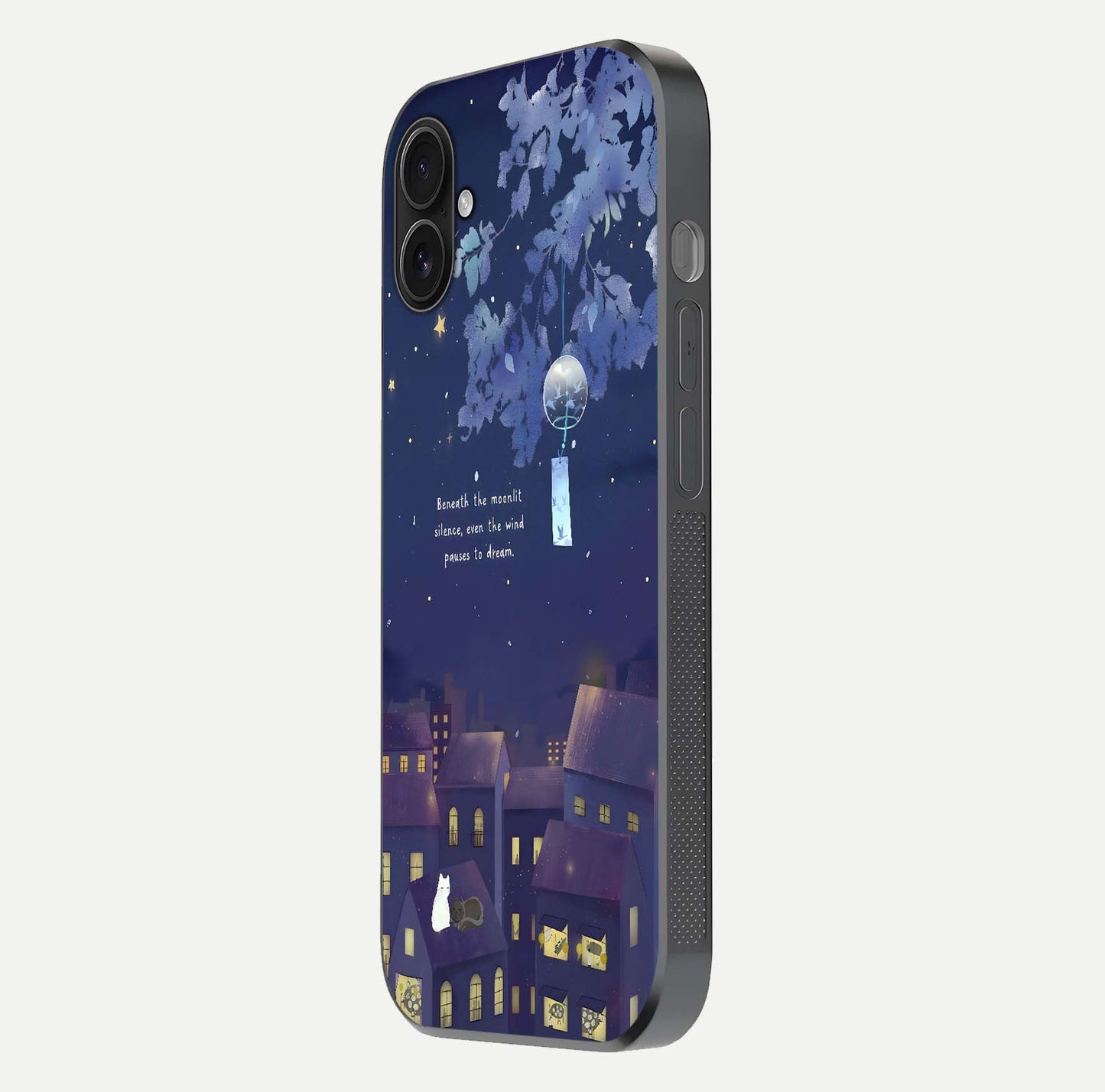 Moonlit Cat Silence Glass Case for iPhone 16 Plus side-angle image showing HD gloss and feline artwork detail