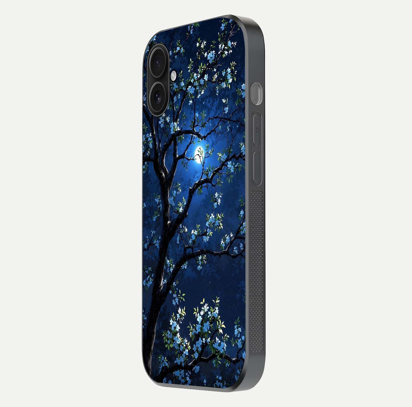 Mystic Floral Night Glass Case for iPhone 16 Plus side-angle image showing gloss surface and midnight floral tones
