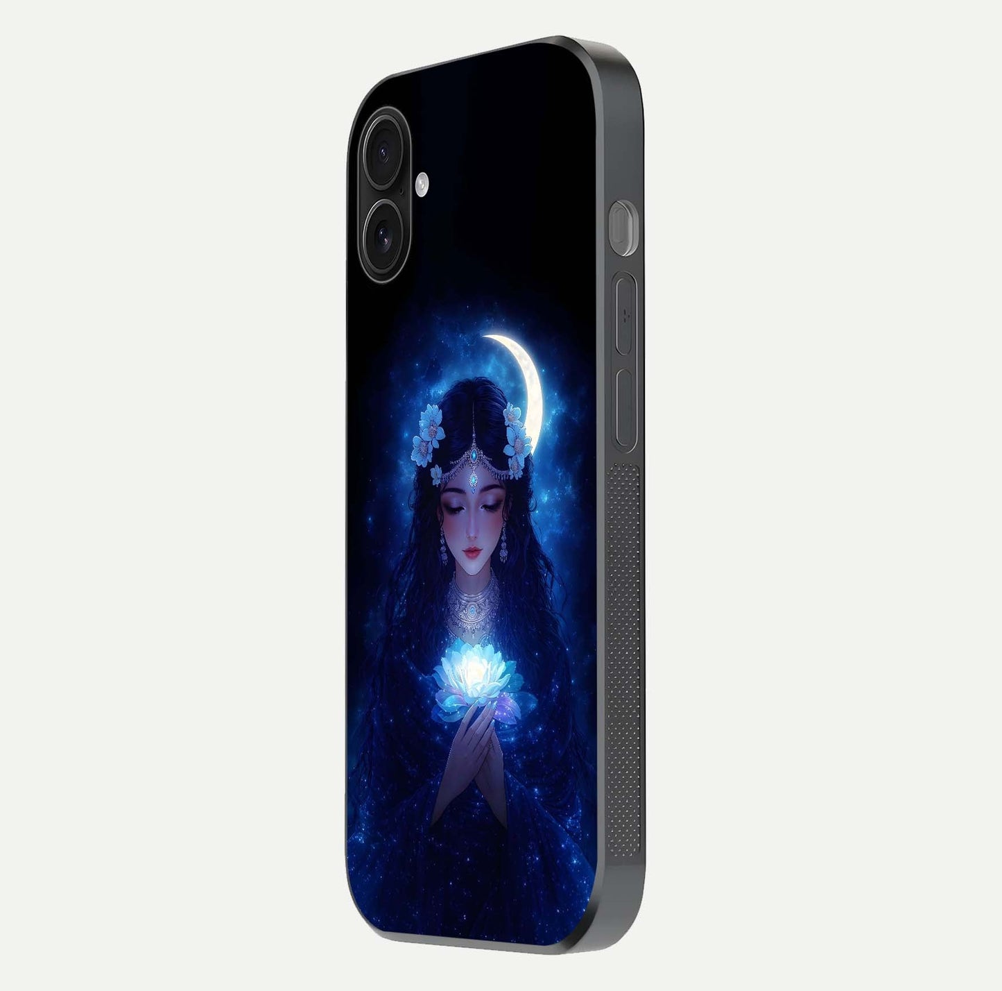 Mystic Moon Queen Glass Case for iPhone 16 Plus side-angle image showing reflection and celestial details