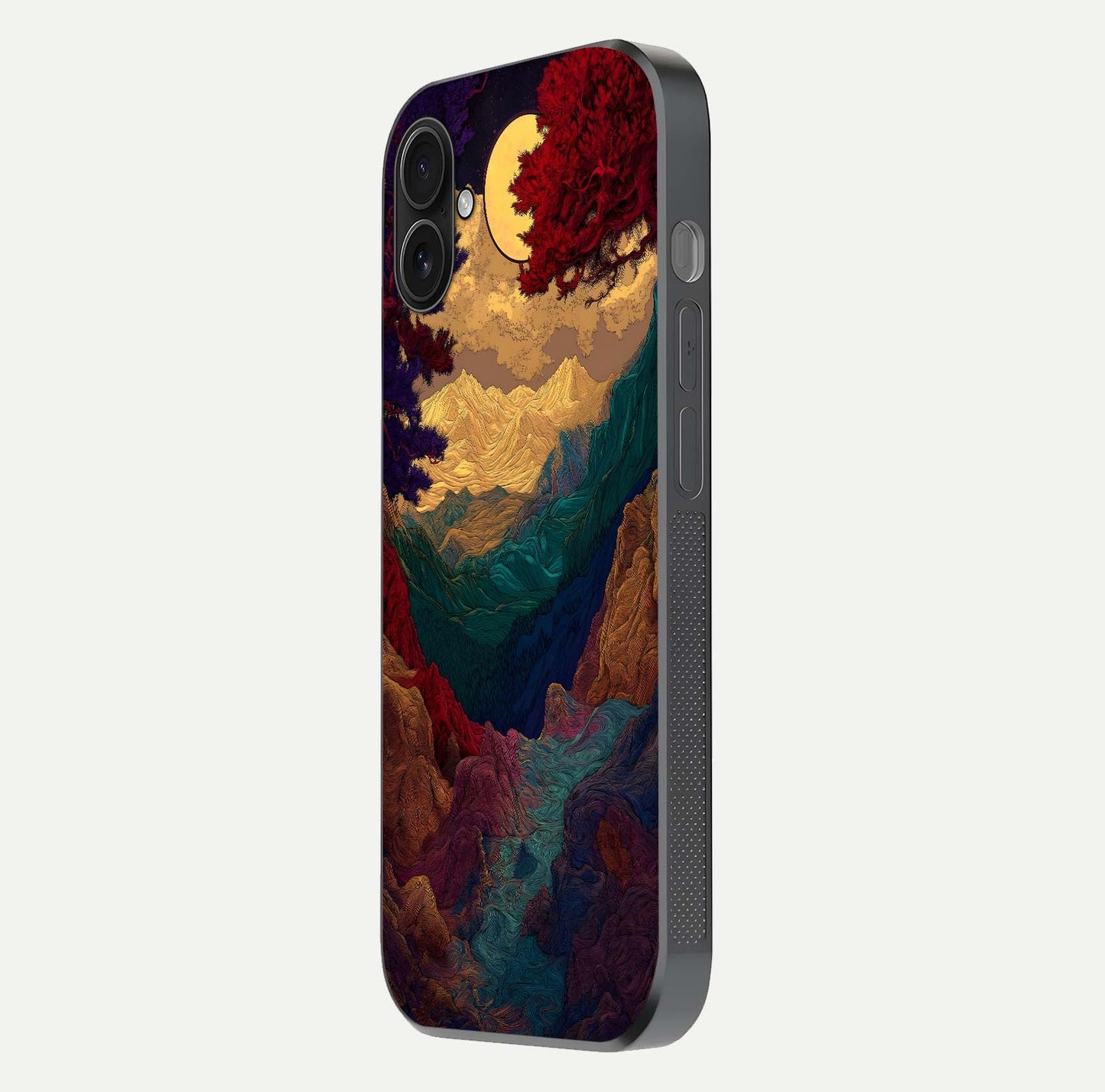 Mystic Valley Light Glass Case for iPhone 16 Plus side-angle image showing shine and peaceful hues