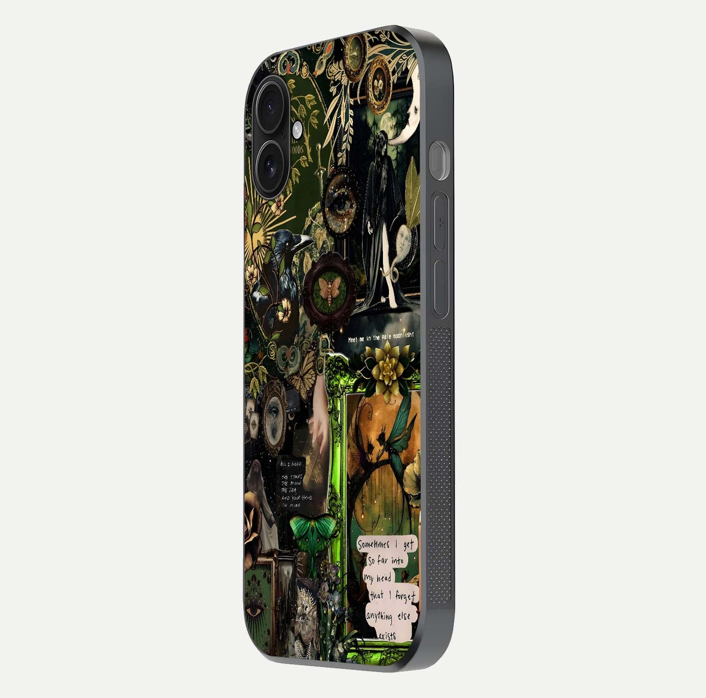 Mystic Woods Secret Glass Case for iPhone 16 Plus side-angle image showing gloss reflection and forest pattern