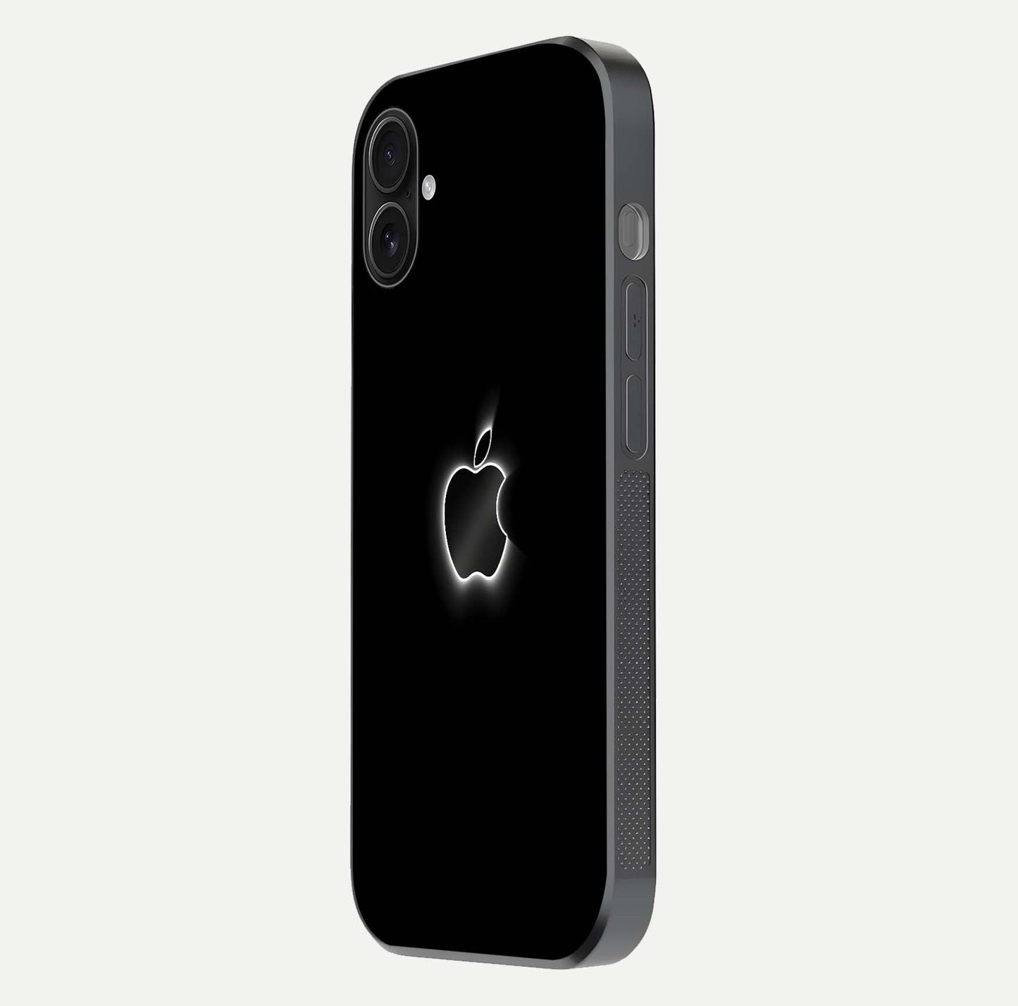 Neon Apple Glow Glass Case for iPhone 16 Plus side-angle image showing light reflection and glow effect