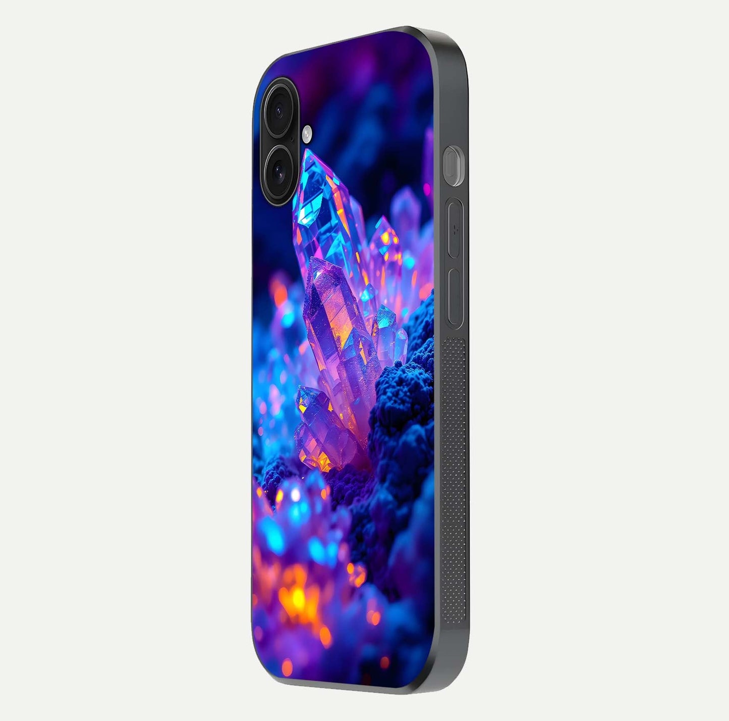 Neon Aura Shards Glass Case for iPhone 16 Plus side-angle image showing light depth and glossy contrast